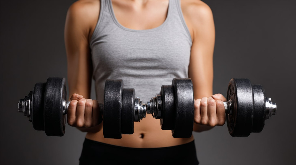 Kobieta trzyma w dłoniach ciężkie hantle żeliwne