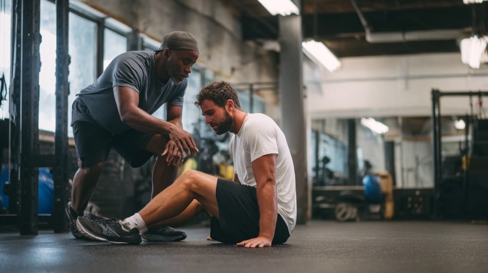 Trener nachyla się nad zmęczonym mężczyzną, który siedzi na podłodze w siłowni