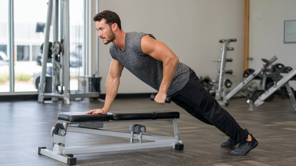 Mężczyzna podpiera się jedną ręką o ławkę treningową w drugiej dłoni trzyma ciężarek