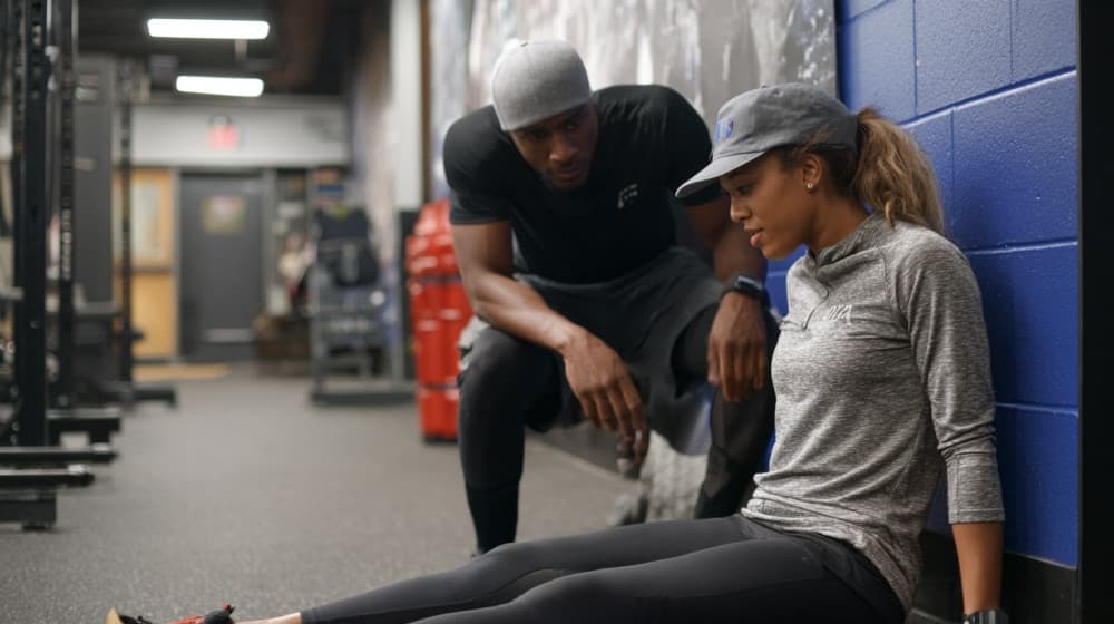 Trener motywuje kobietę do kontynuowania treningu