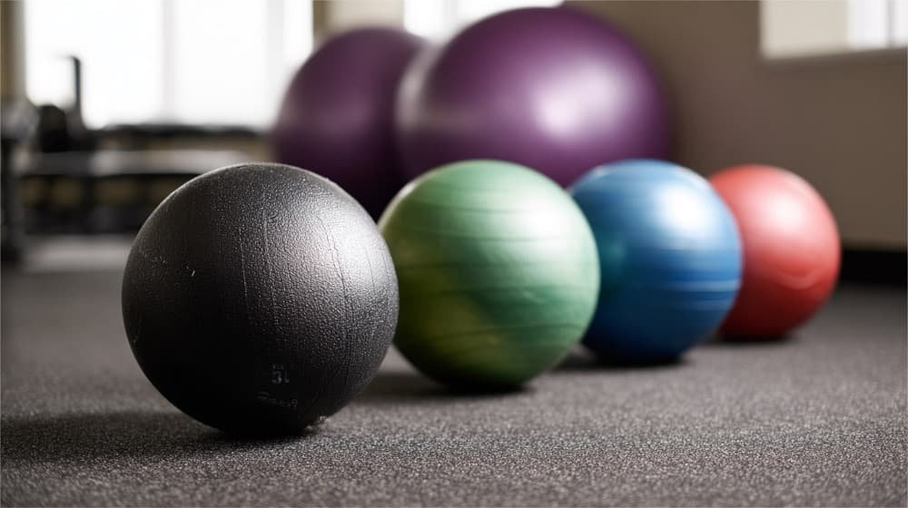 Różnokolorowe piłki treningowe, w tym gimnastyczne i z obciążeniem