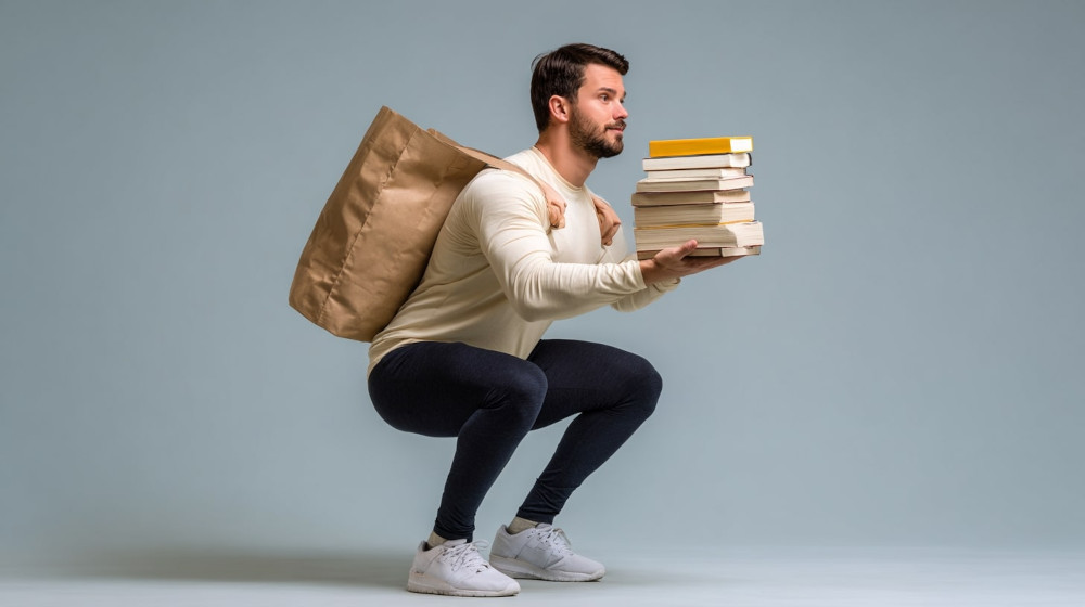 Mężczyzna z brodą robi przysiady z torbą na plecach i książkami w dłoniach