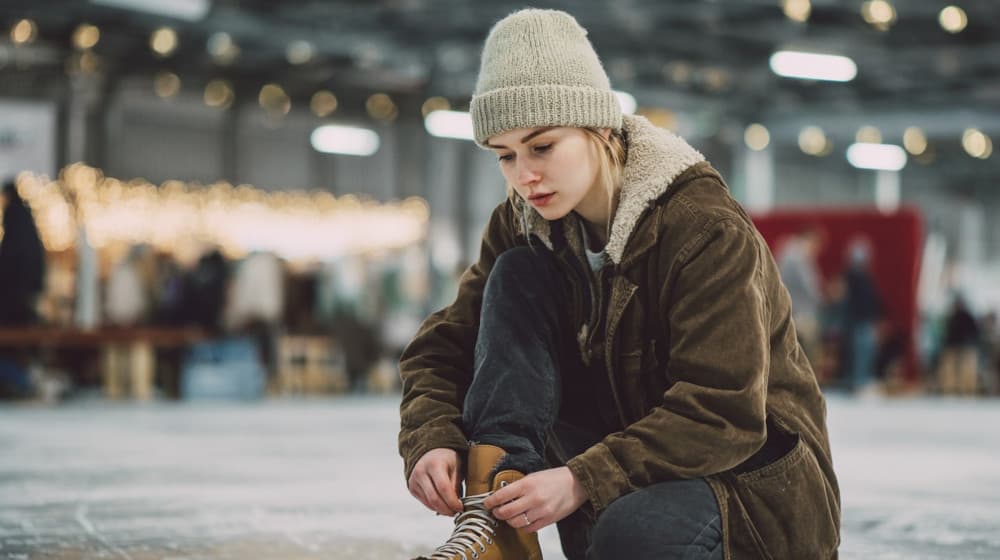 Młoda kobieta na lodowisku zawiązuje łyżwy na nogach