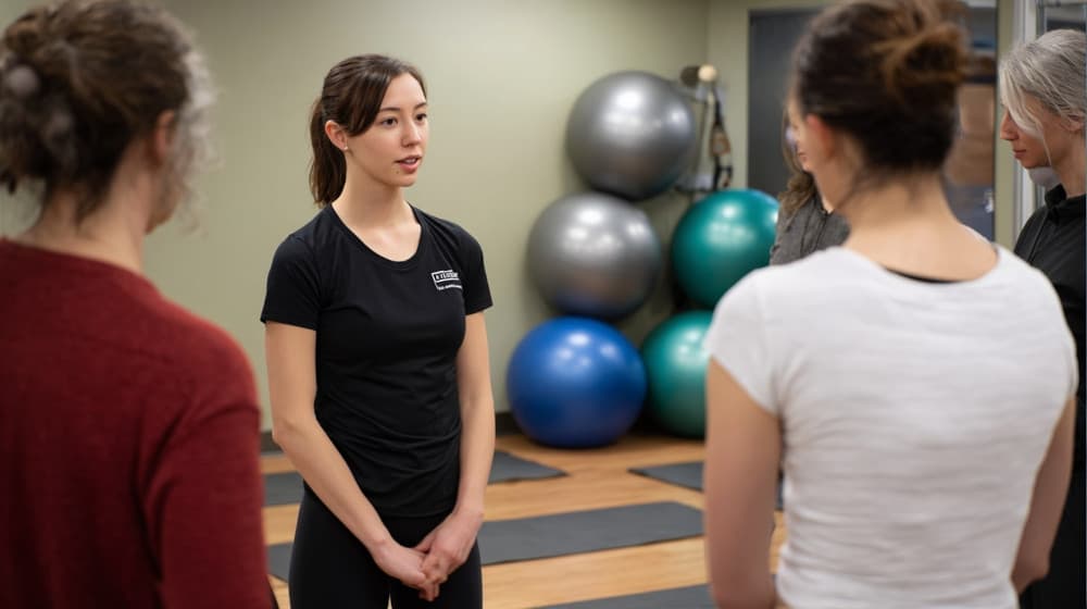 Instruktorka pilatesu tłumaczy uczestnikom prawidłową technikę ćwiczeń, w tle widać maty i piłki gimnastyczne