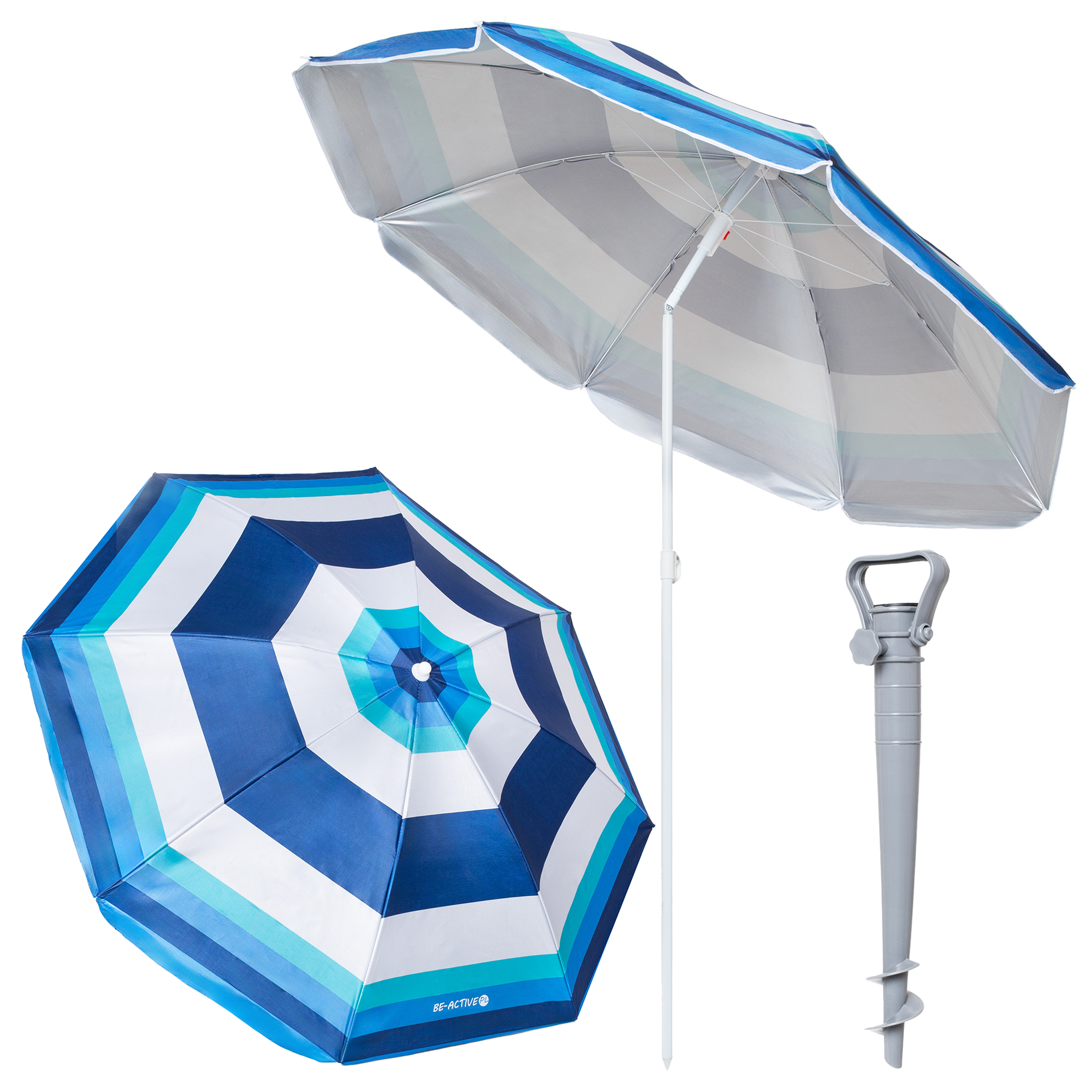 Parasol ogrodowy plażowy składany na balkon 180cm Paski biało-niebieskie + kotwa
