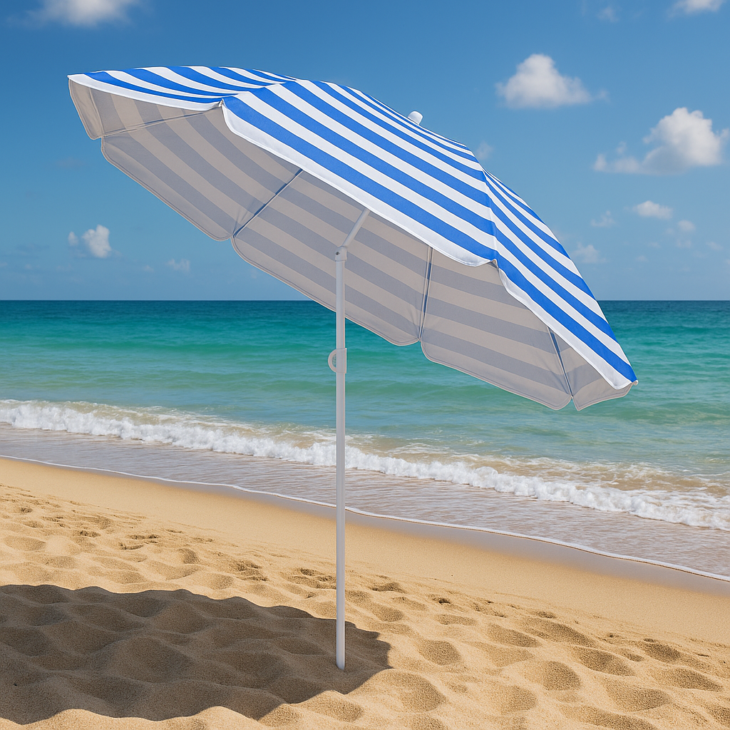 Parasol ogrodowy plażowy składany na balkon 180cm Niebieskie paski + kotwa