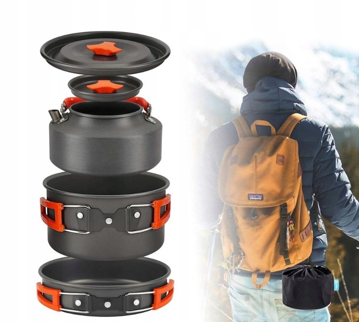 Zestaw garnków naczyń turystycznych na kemping ZG4-01 pomarańczowy