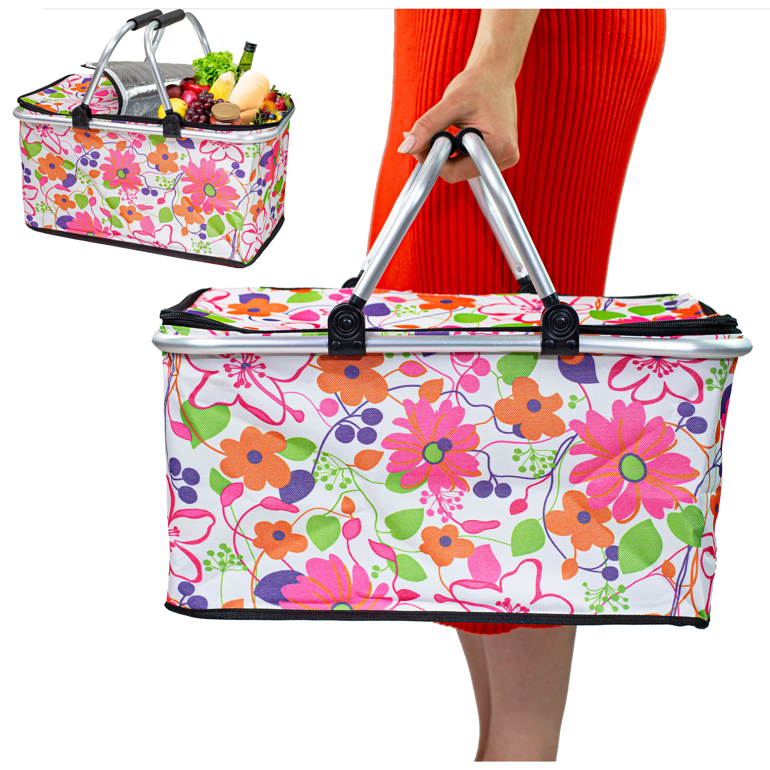 Kosz termiczny na zakupy piknikowy duży 30 litrów różowe kwiaty