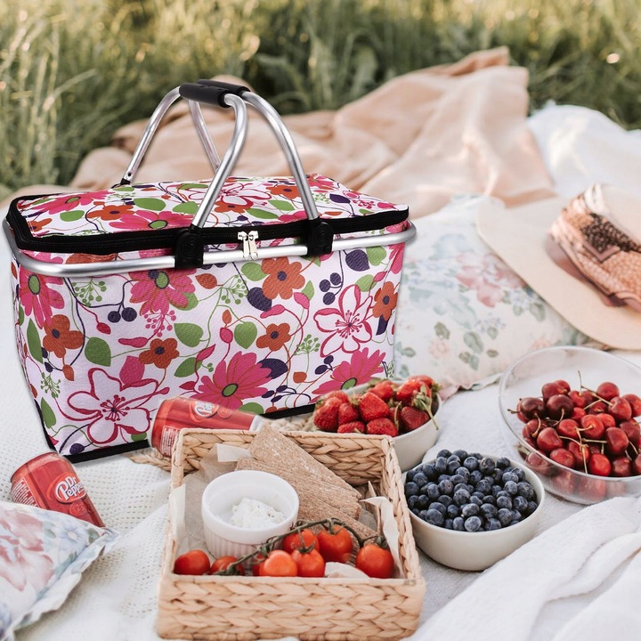 Kosz termiczny na zakupy piknikowy duży 30 litrów różowe kwiaty