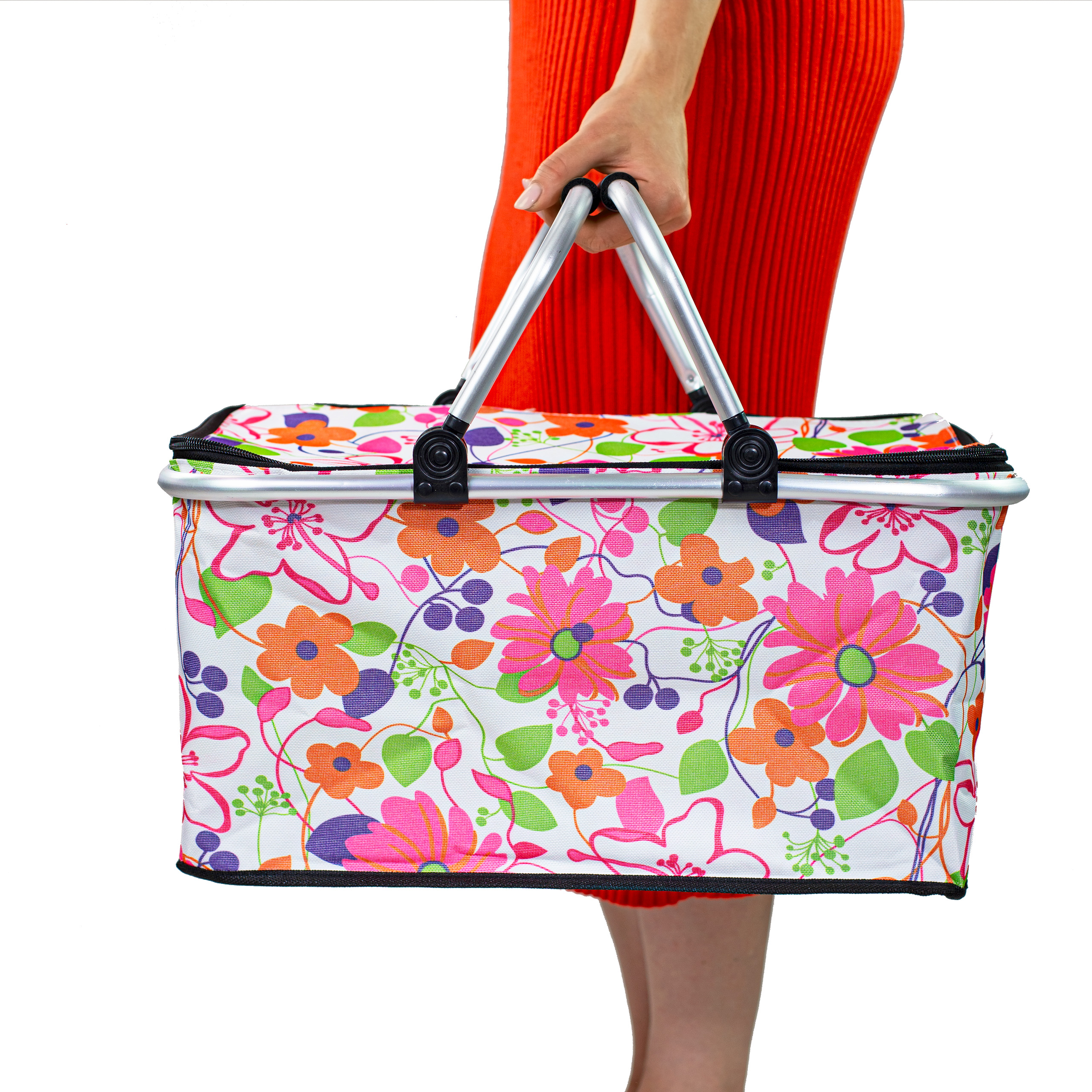 Kosz termiczny na zakupy piknikowy duży 30 litrów różowe kwiaty