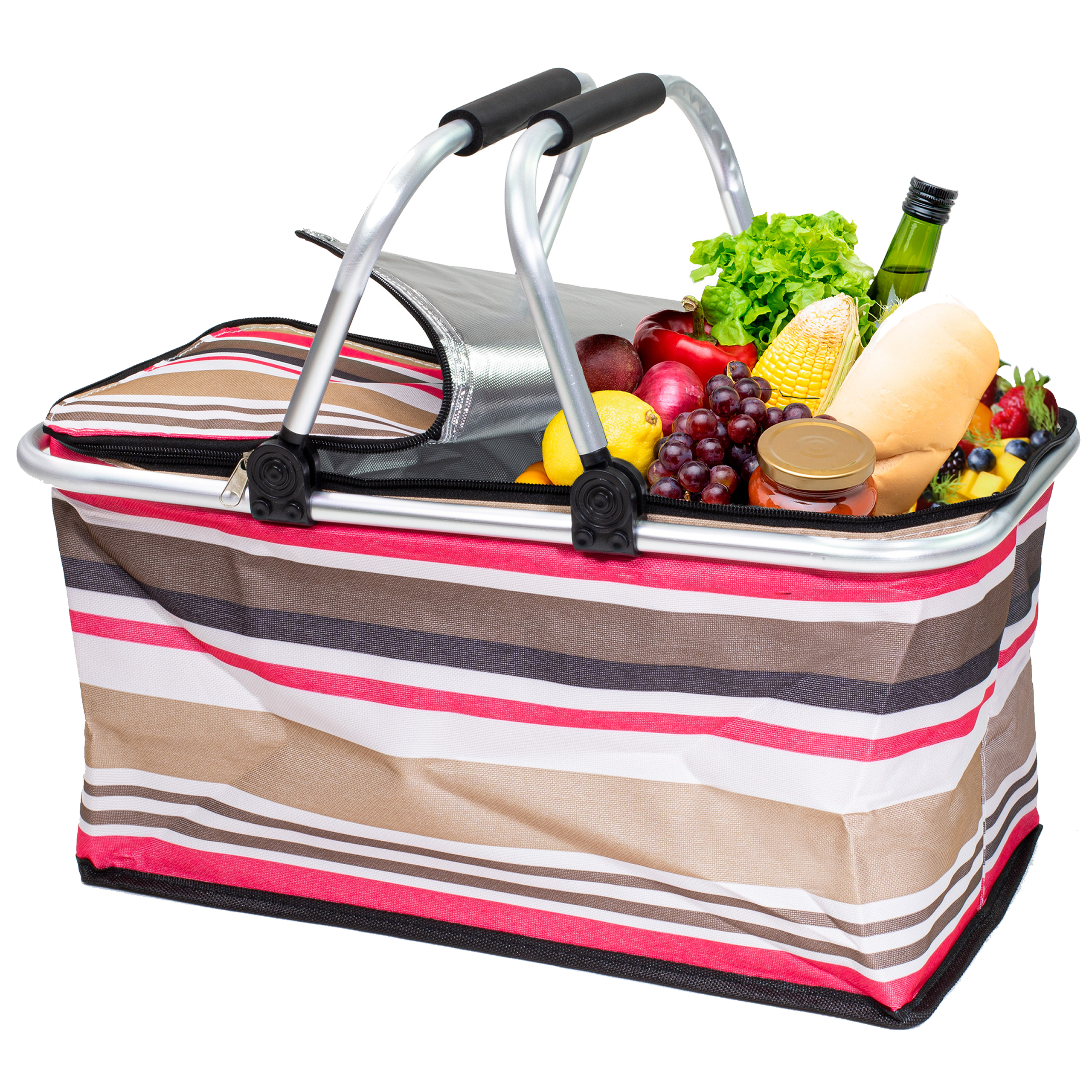 Kosz piknikowy termiczny na zakupy duży 30 litrów składany różowe paski