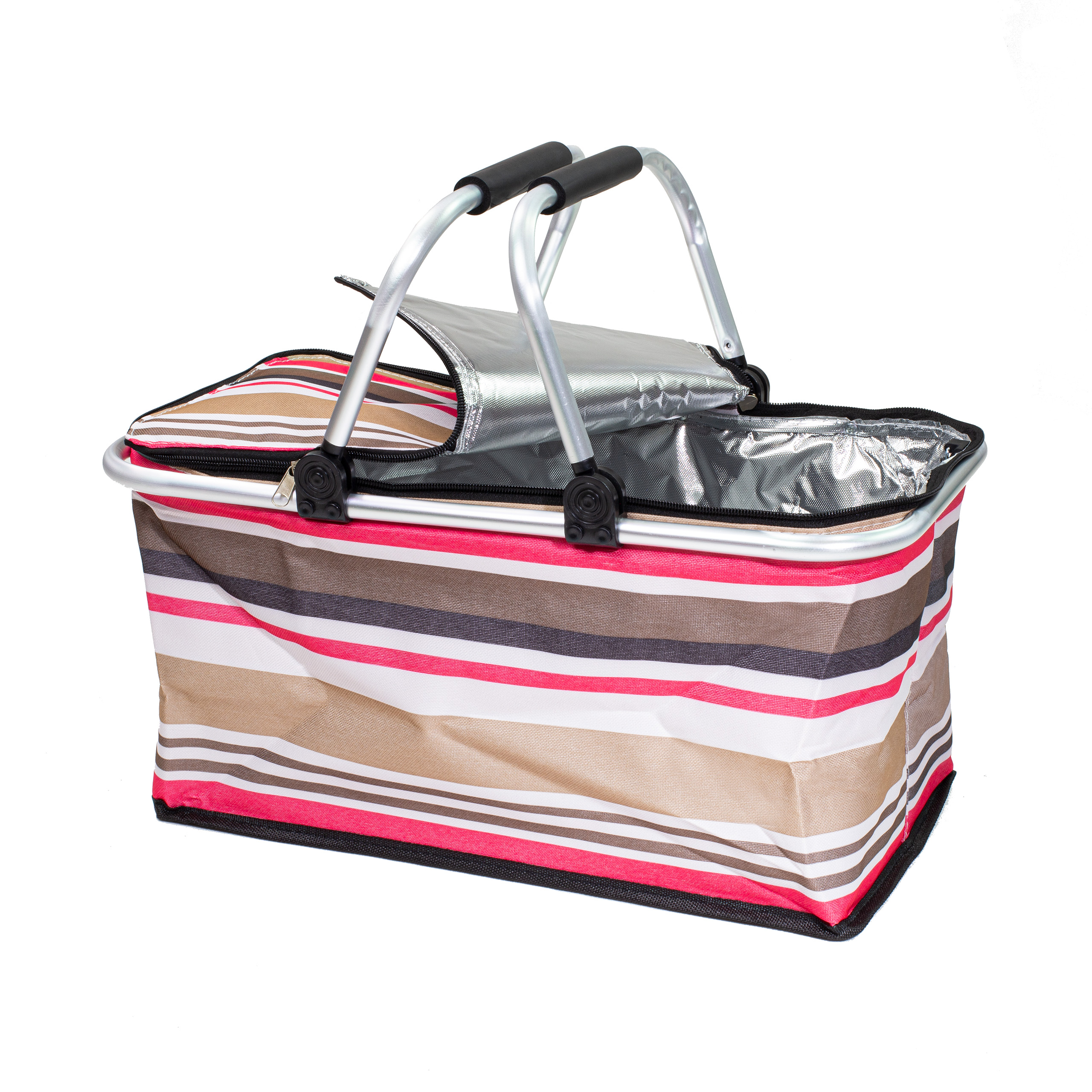 Kosz piknikowy termiczny na zakupy duży 30 litrów składany różowe paski