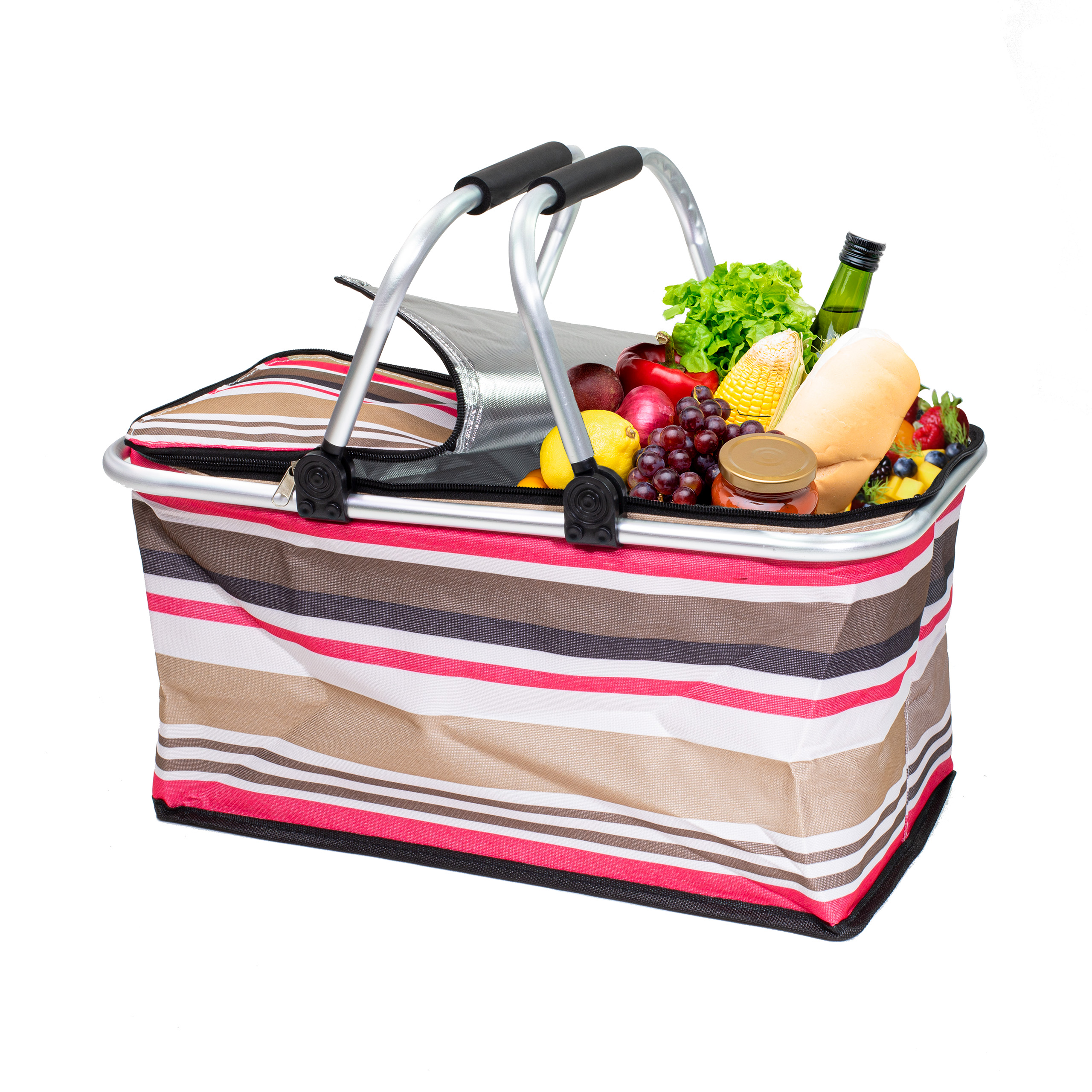 Kosz piknikowy termiczny na zakupy duży 30 litrów składany różowe paski