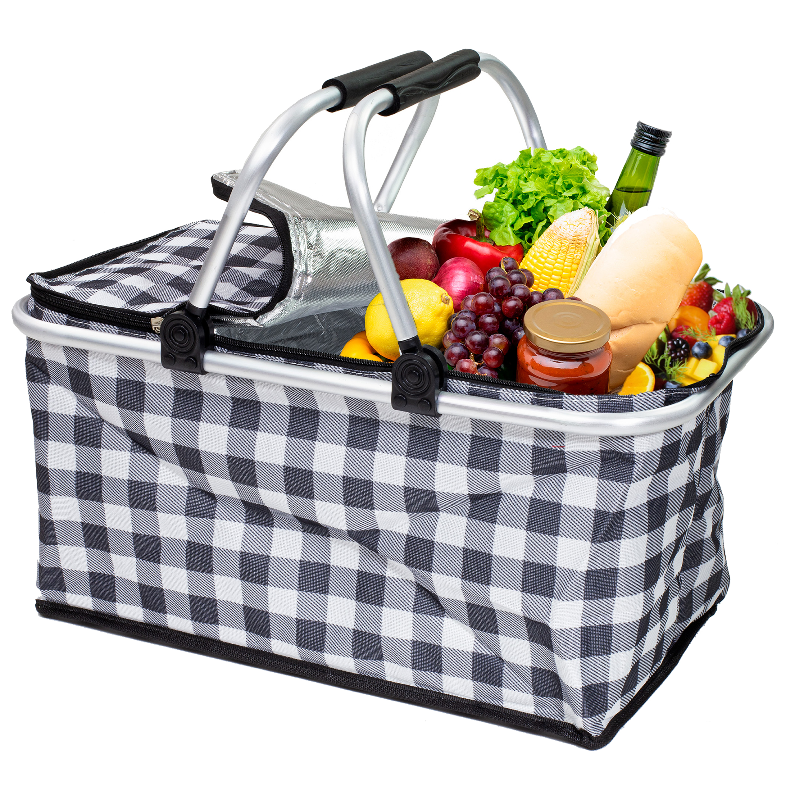 Kosz piknikowy termiczny na zakupy duży 30 litrów składany czarna krata