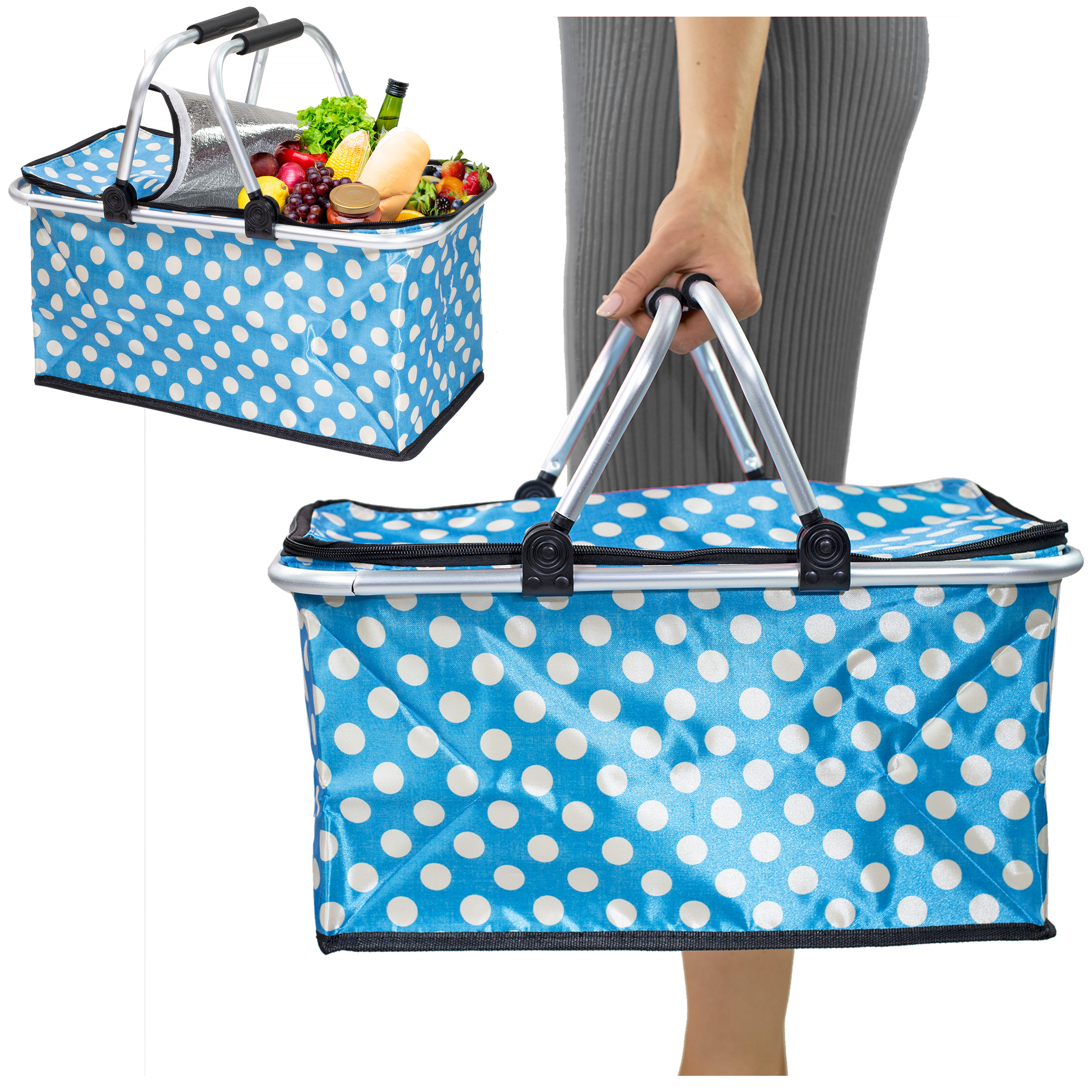 Kosz na plaże piknik biwak termiczny duży 30 litrów błękitny w kropki