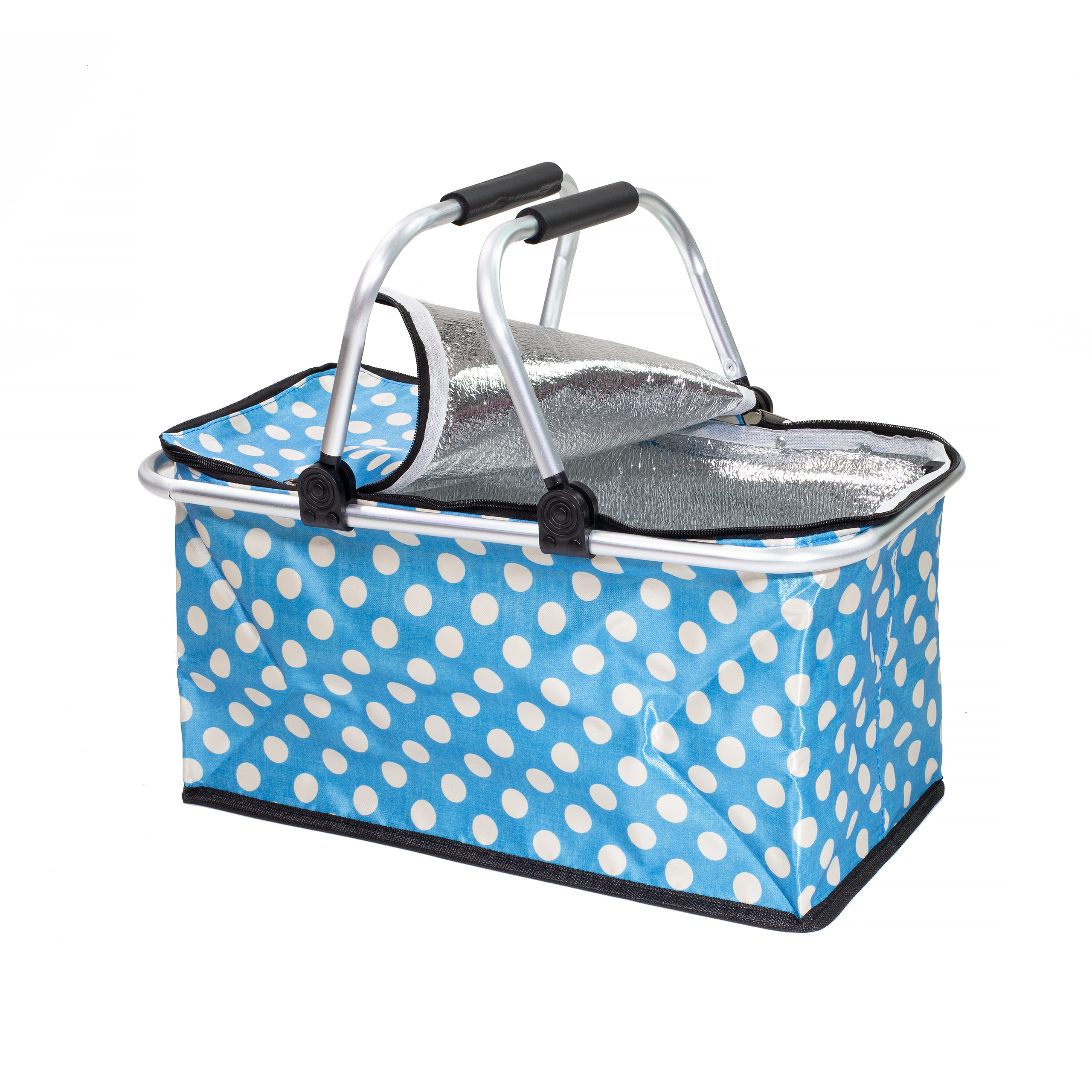 Kosz na plaże piknik biwak termiczny duży 30 litrów błękitny w kropki