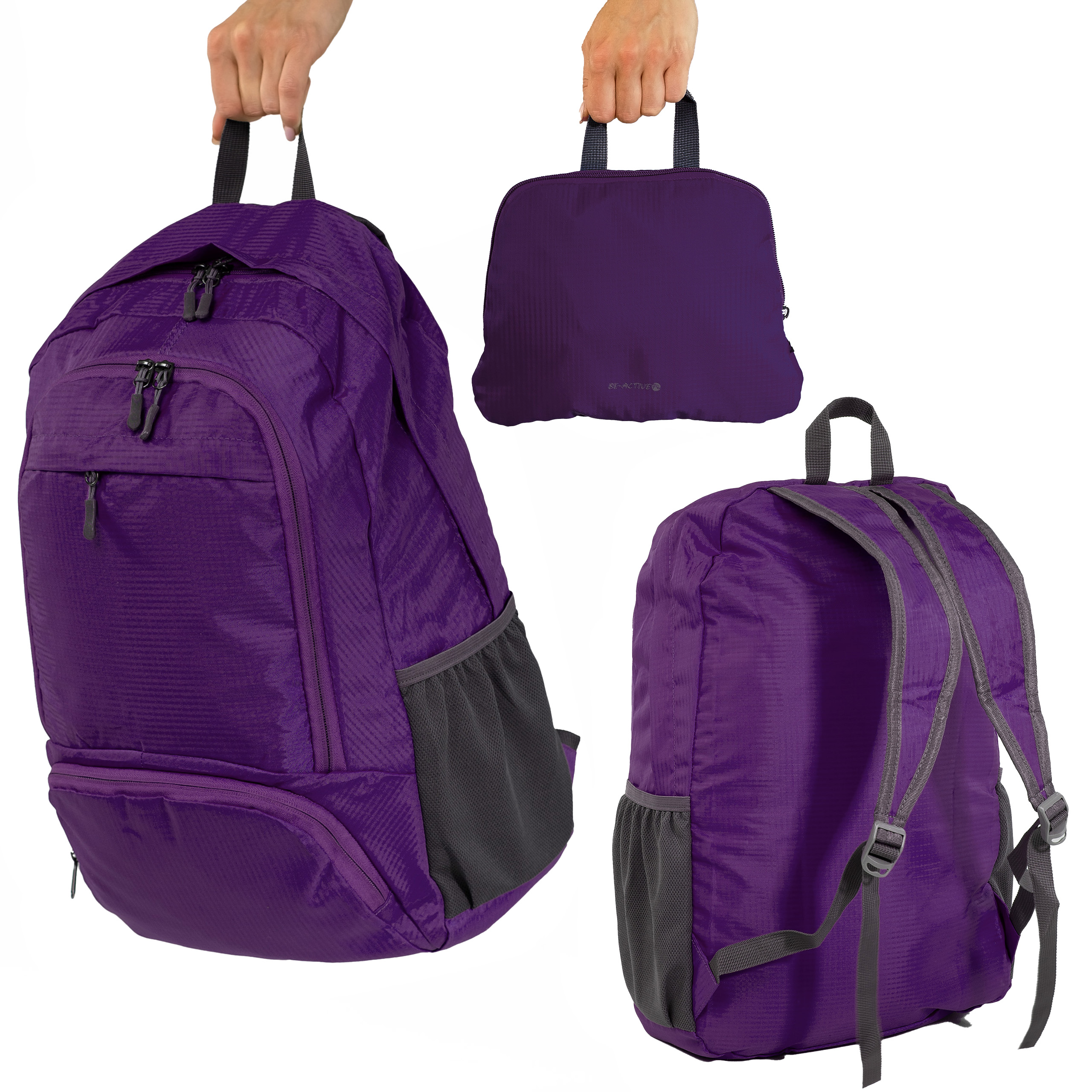 Plecak składany turystyczny ultralekki na wycieczki podróże śliwkowy