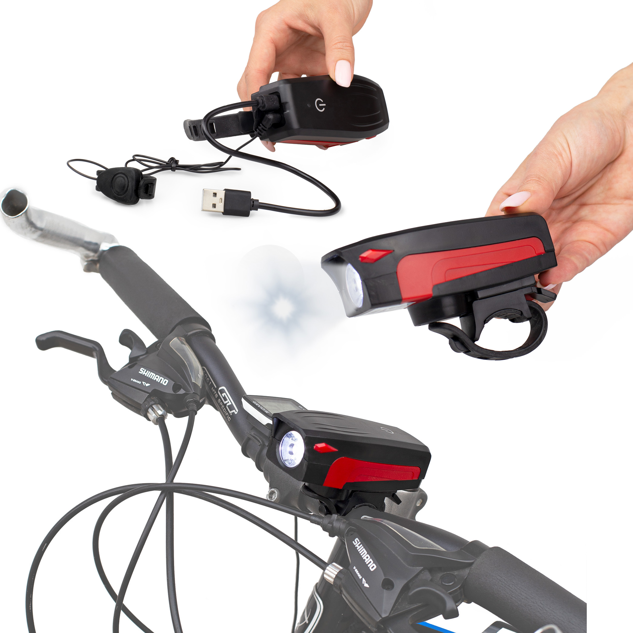 Lampka rowerowa z klaksonem latarka na kierownicę czerwona