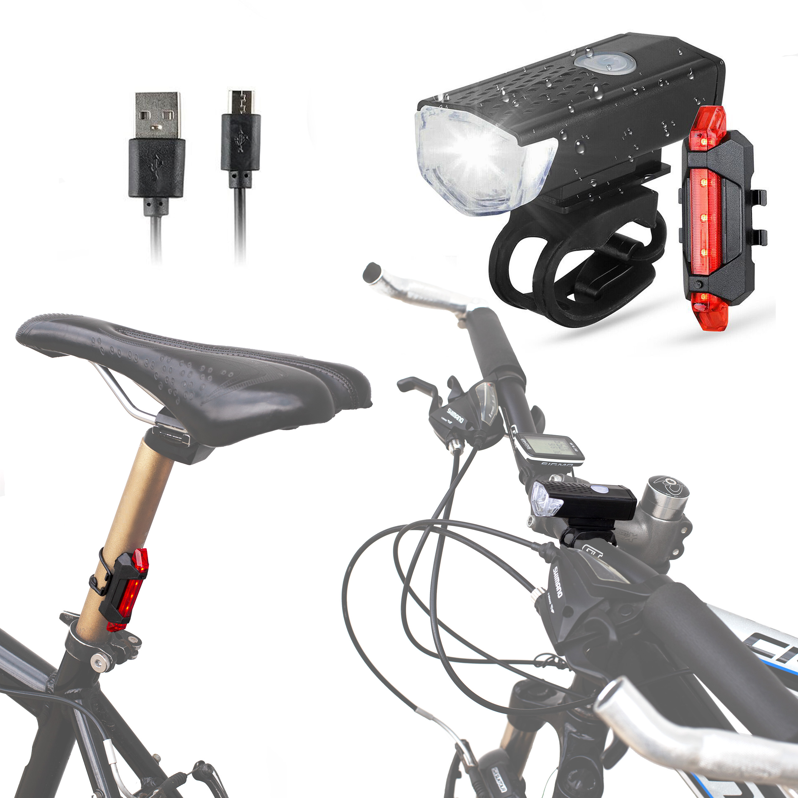 Lampka rowerowa latarka na kierownicę i tył zestaw rowerowy LR-01