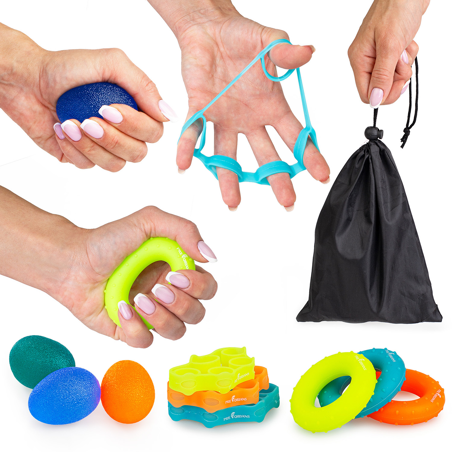 Zestaw do ćwiczeń rehabilitacji rąk palców nadgarstka 9 silikonowych elementów Pretorians