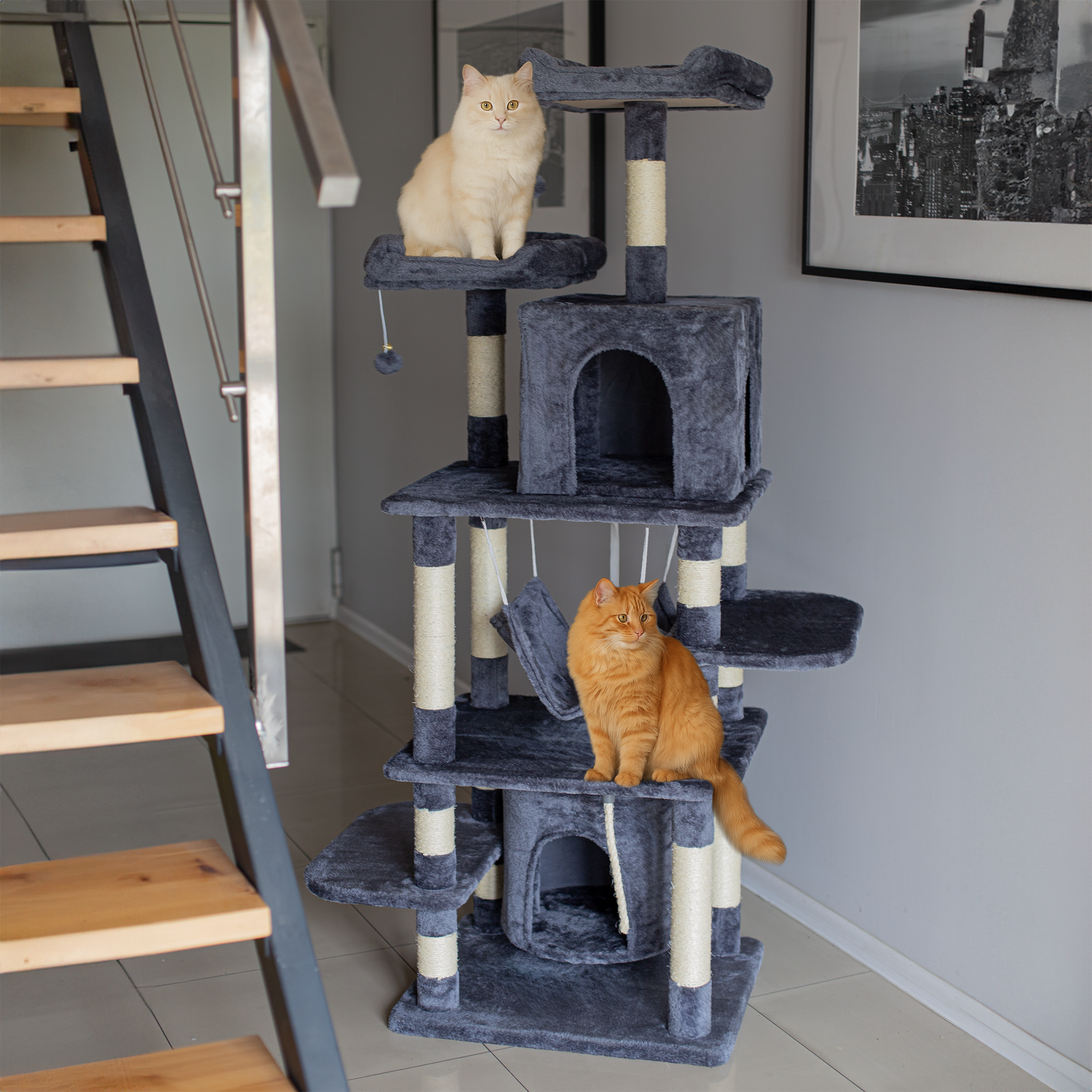 Duży drapak dla kota 170cm domek legowisko hamak 6 - poziomowy sizal szary