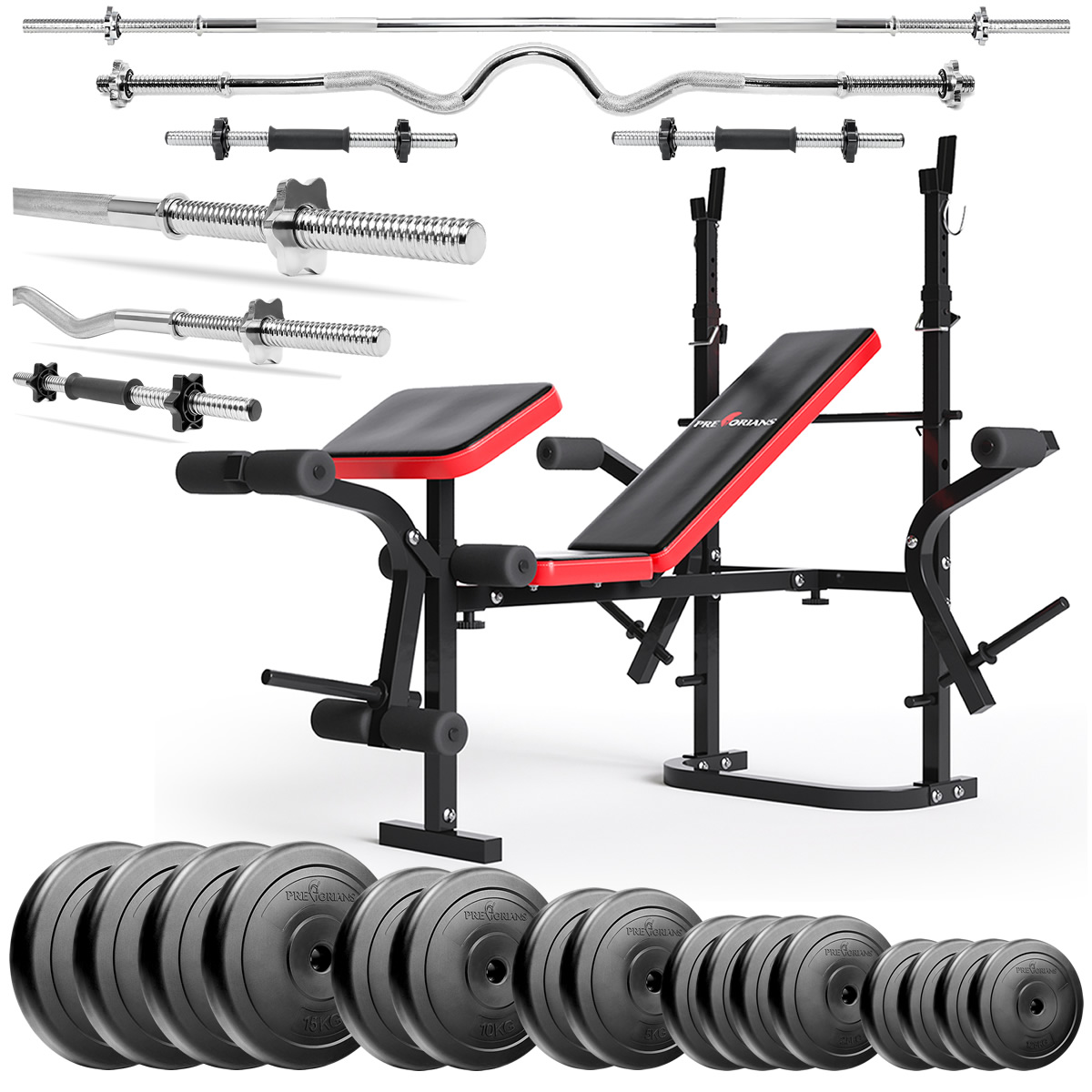 Zestaw do ćwiczeń 141kg z ławką PH 2132 sztangą 180 cm, gryfem 120 cm łamanym, obciążeniem 105 kg i hantlami