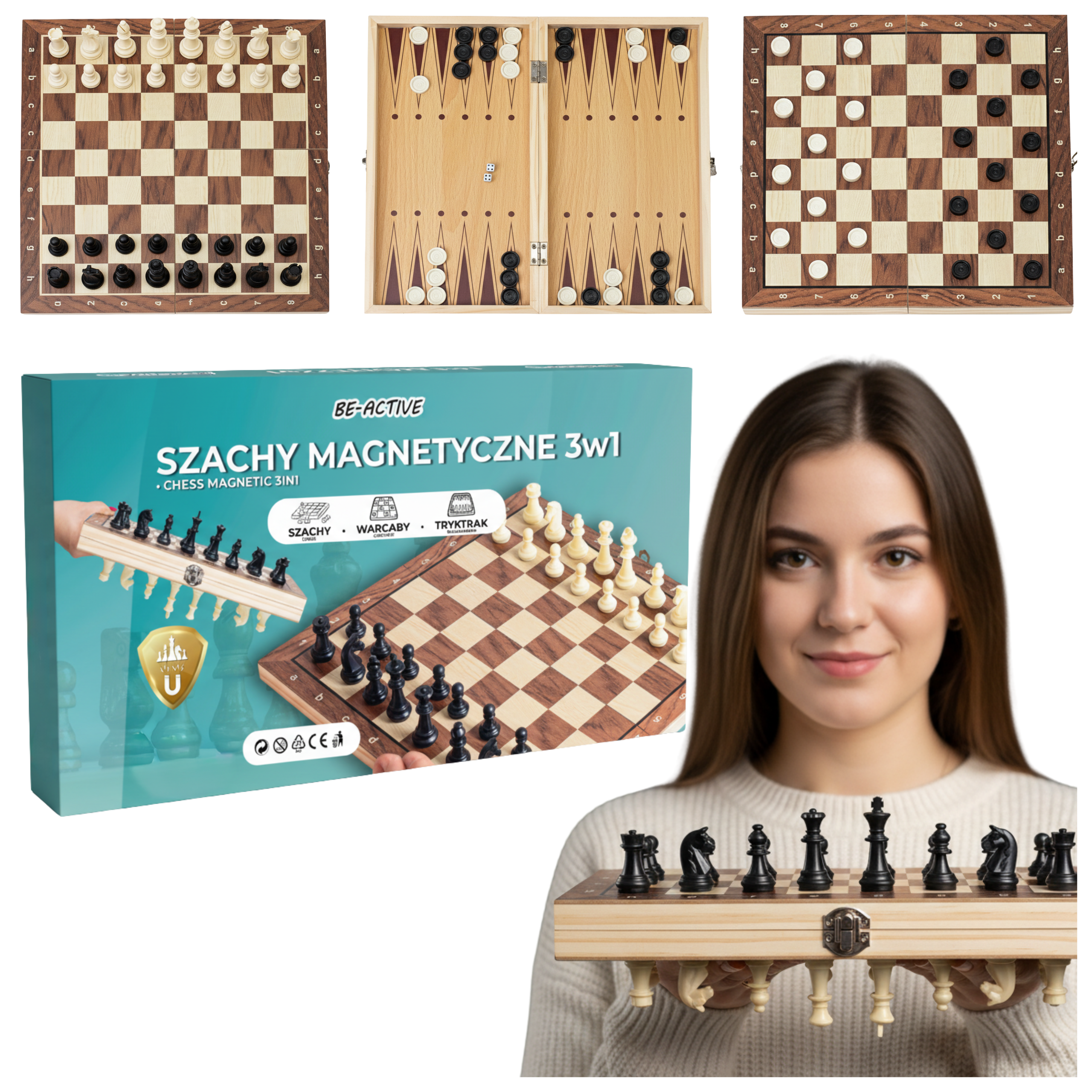 Gra 3w1 szachy warcaby backgammon magnetyczne drewniane