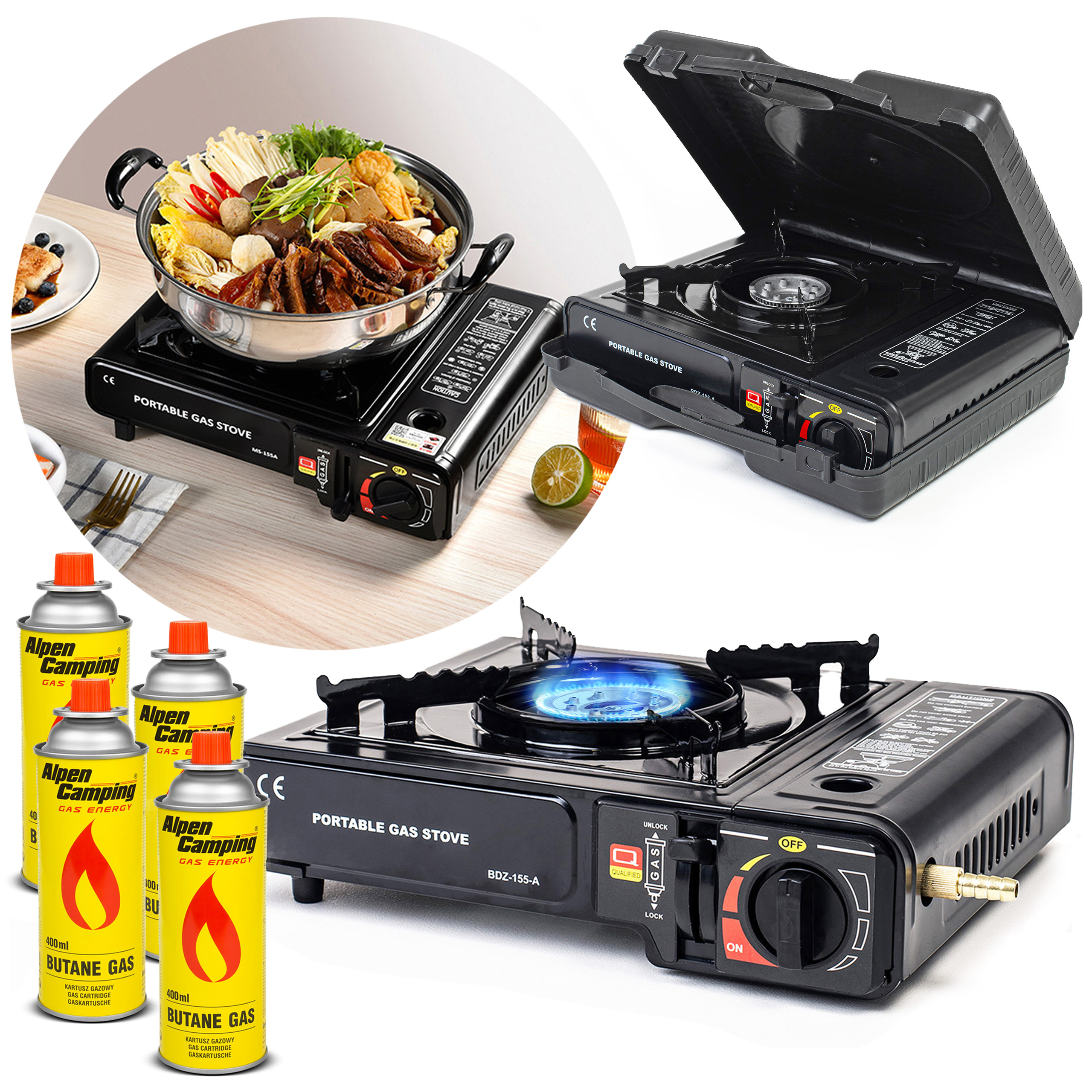 Kuchenka gazowa turystyczna polowa przenośna na kartusze butle + 4x kartusz z gazem
