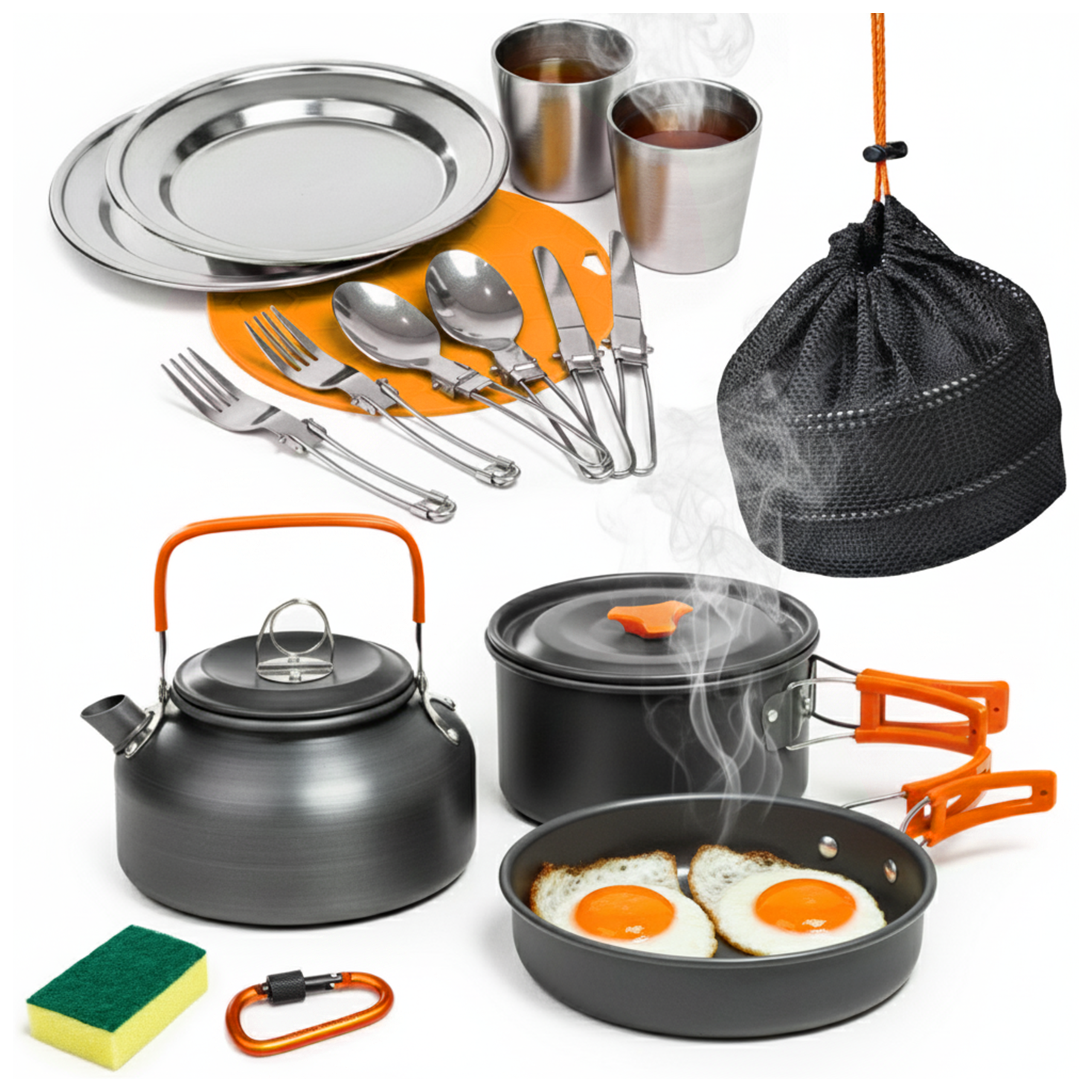 Zestaw garnków naczyń turystycznych pod namiot pomarańczowy