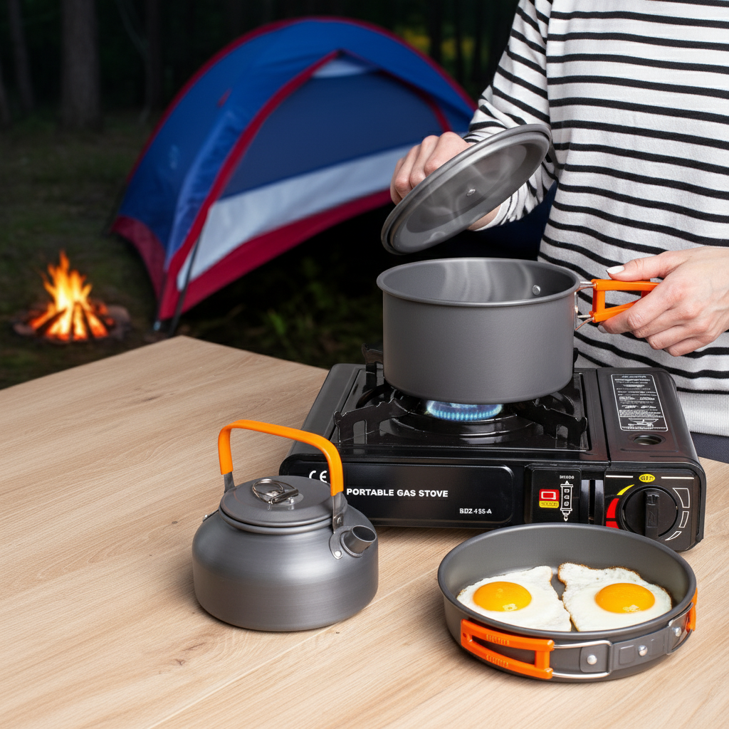 Zestaw garnków naczyń turystycznych pod namiot pomarańczowy