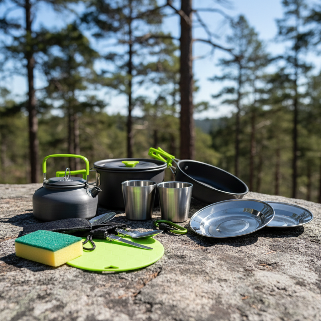 Zestaw garnków naczyń turystycznych pod namiot zielony