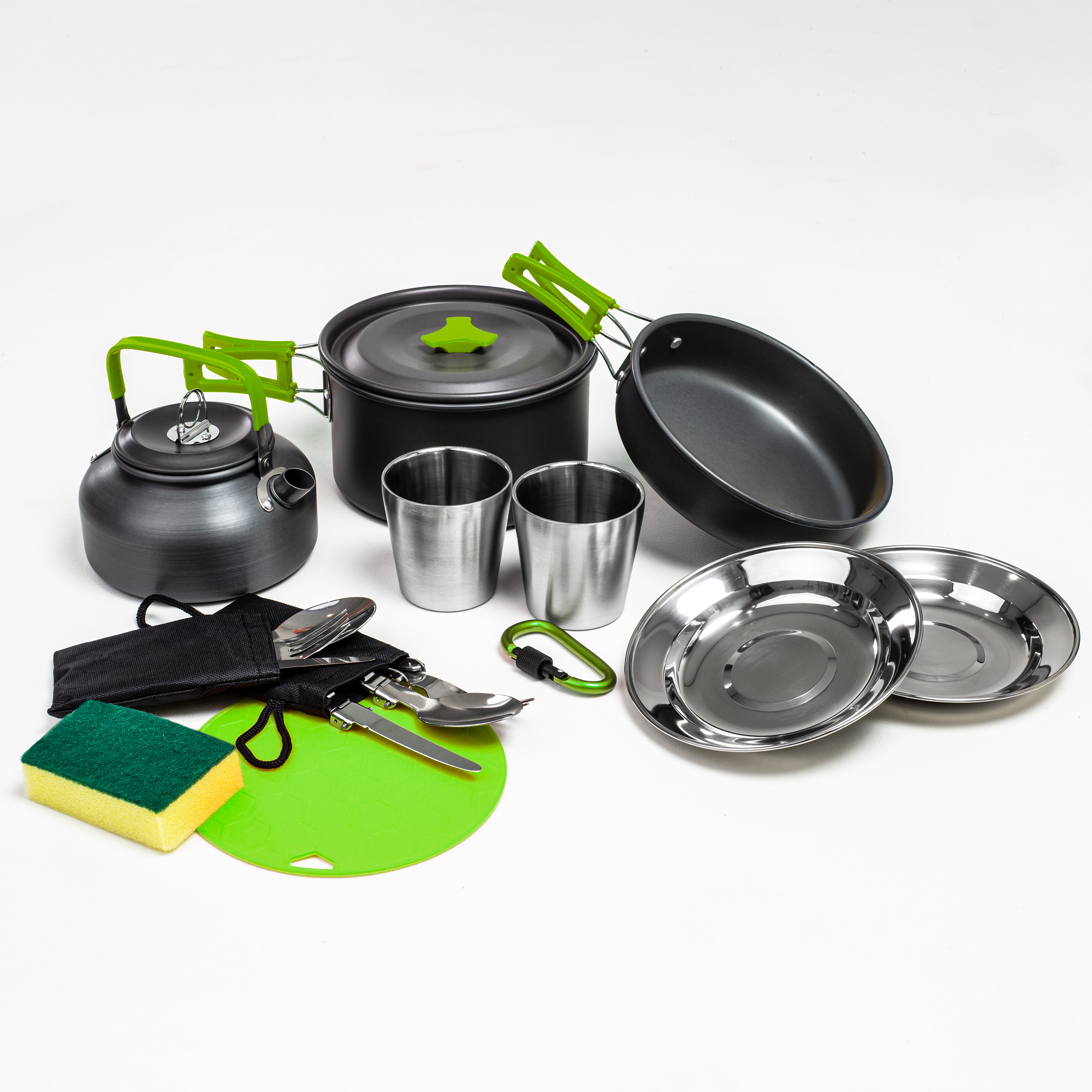 Zestaw garnków naczyń turystycznych pod namiot zielony
