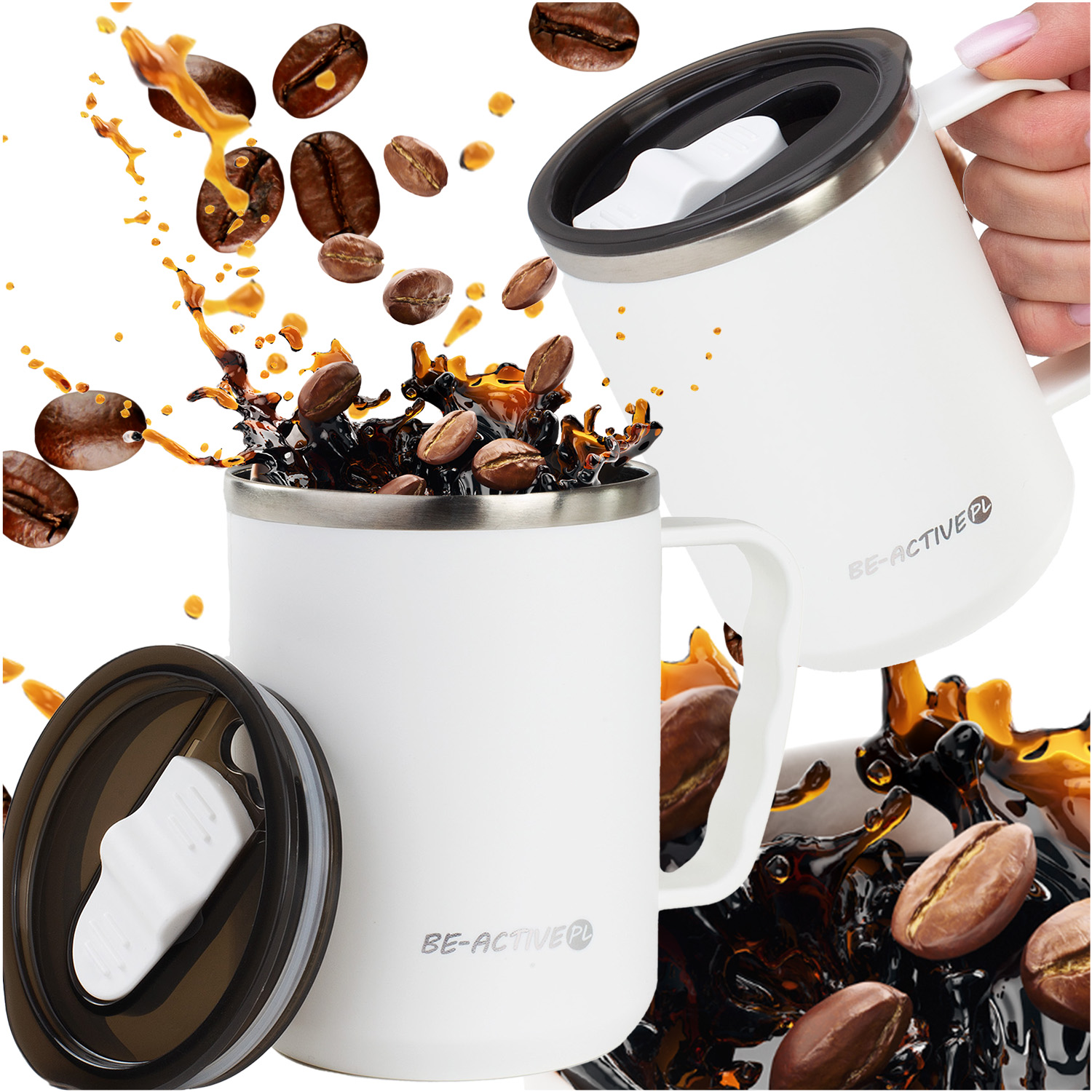 Kubek termiczny biały turystyczny termos z rączką 450ml na kawę herbatę