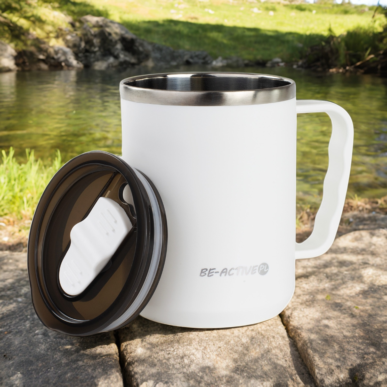 Kubek termiczny biały turystyczny termos z rączką 450ml na kawę herbatę