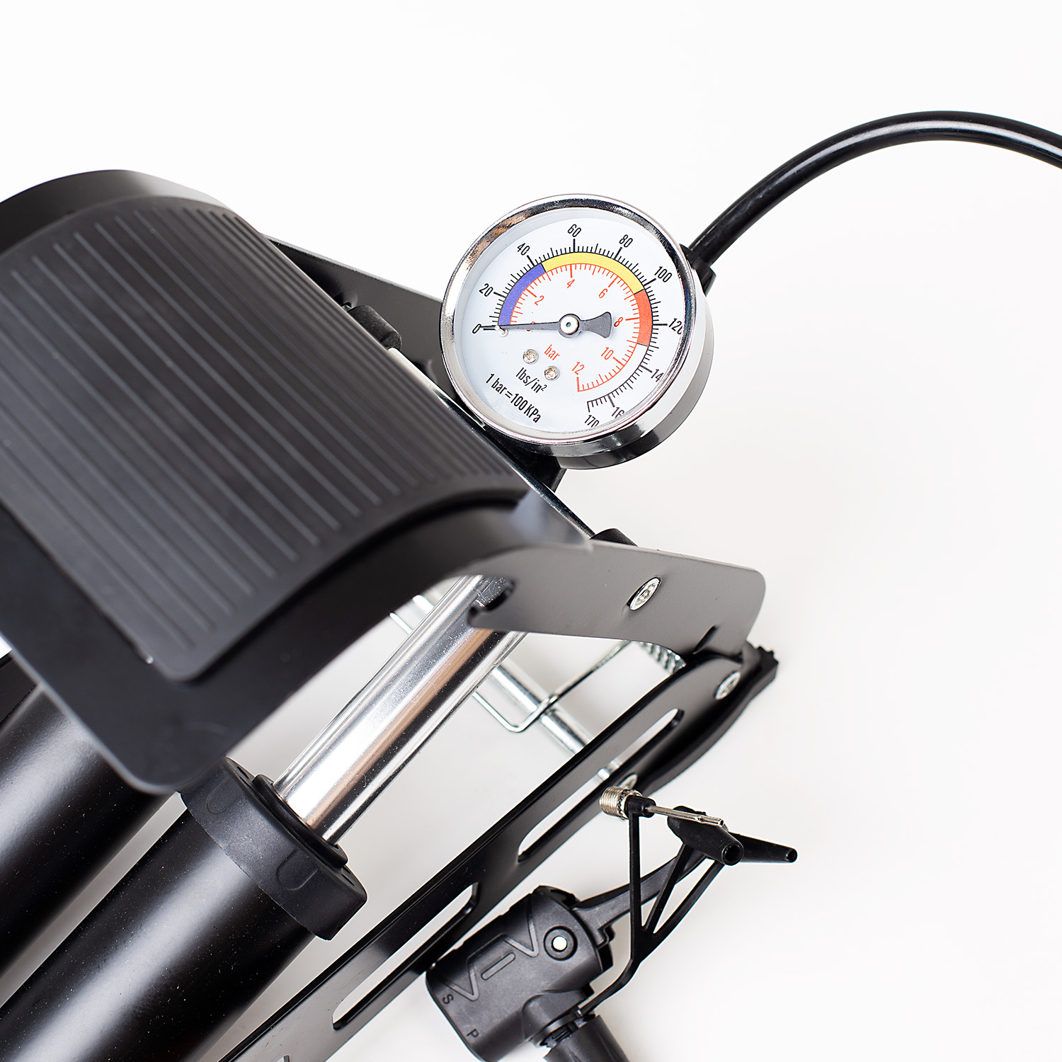 Pompka nożna rowerowa samochodowa dwutłokowa z manometrem