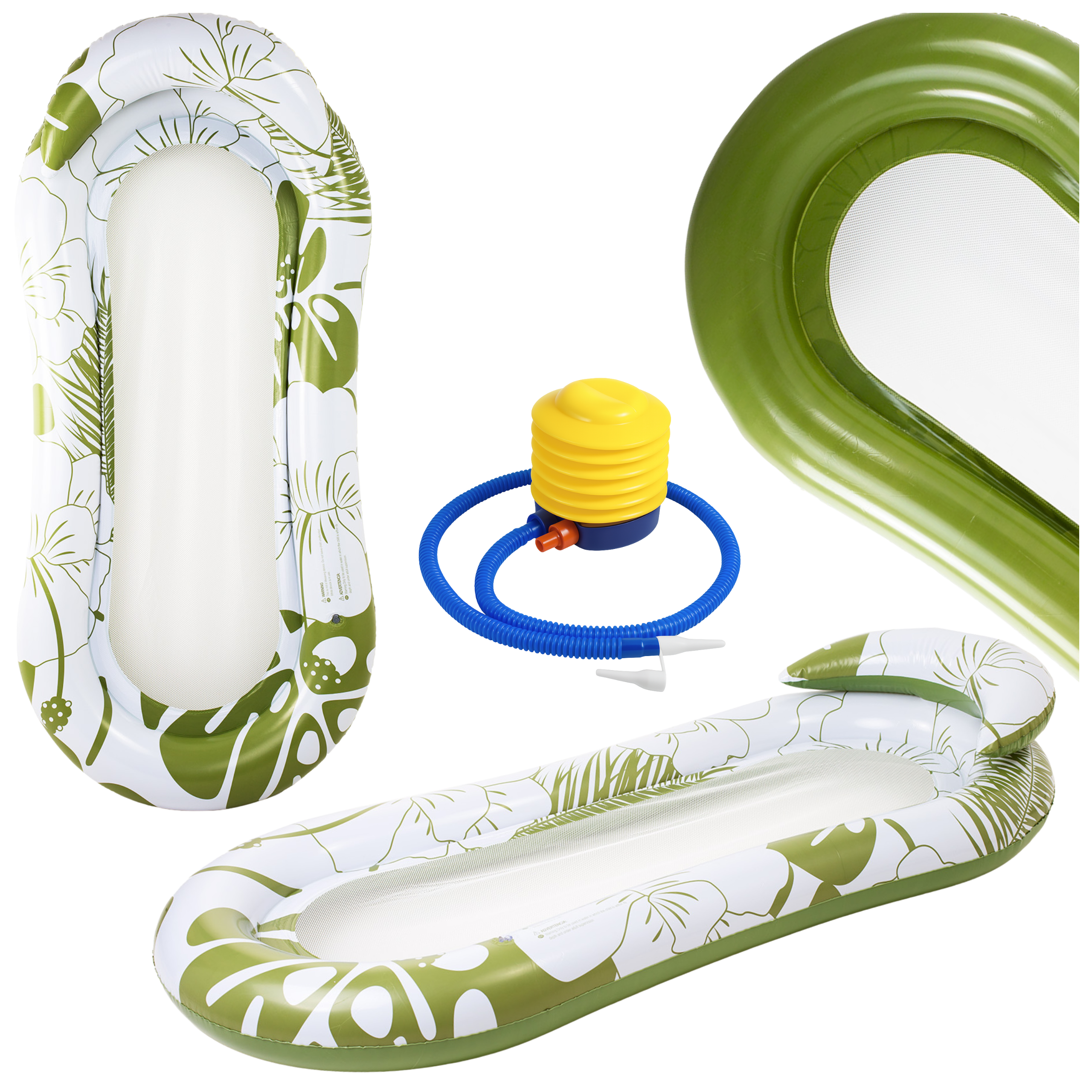 Materac dmuchany do pływania plażowy z oparciem dno z siatki zielony nadruk