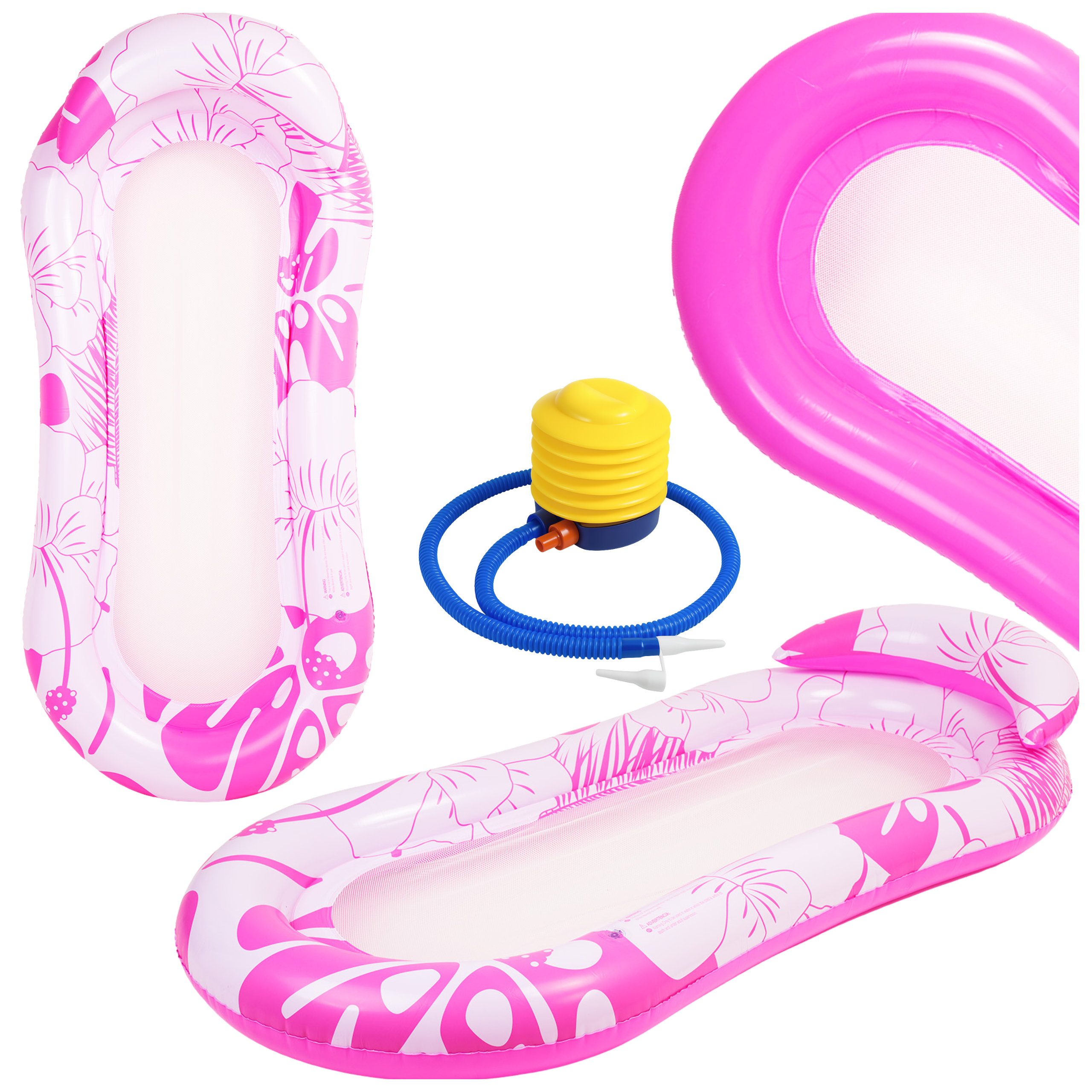 Materac dmuchany do pływania plażowy z oparciem dno z siatki różowy nadruk