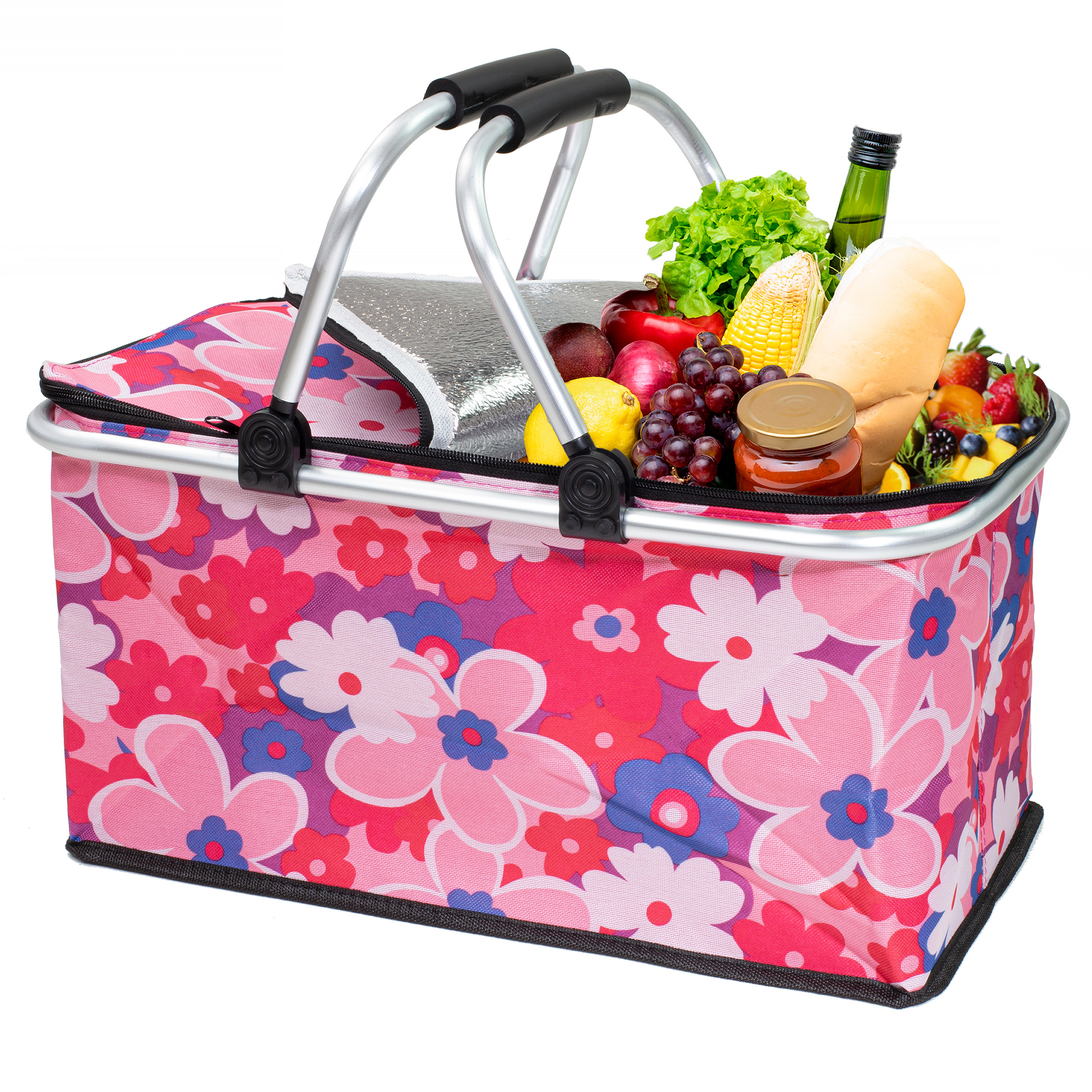 Kosz termiczny na zakupy piknikowy duży 30 litrów różowy kwiat