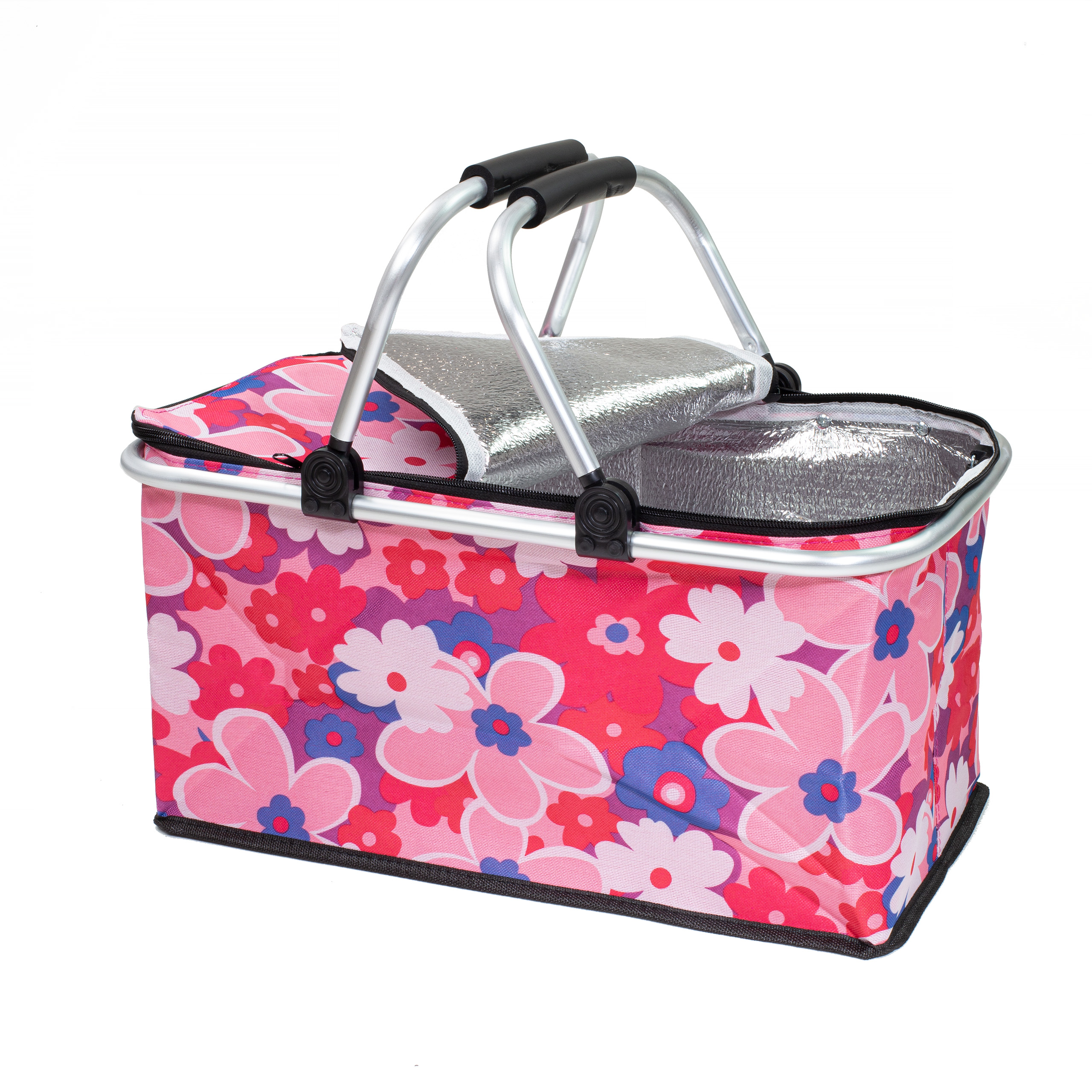 Kosz termiczny na zakupy piknikowy duży 30 litrów różowy kwiat