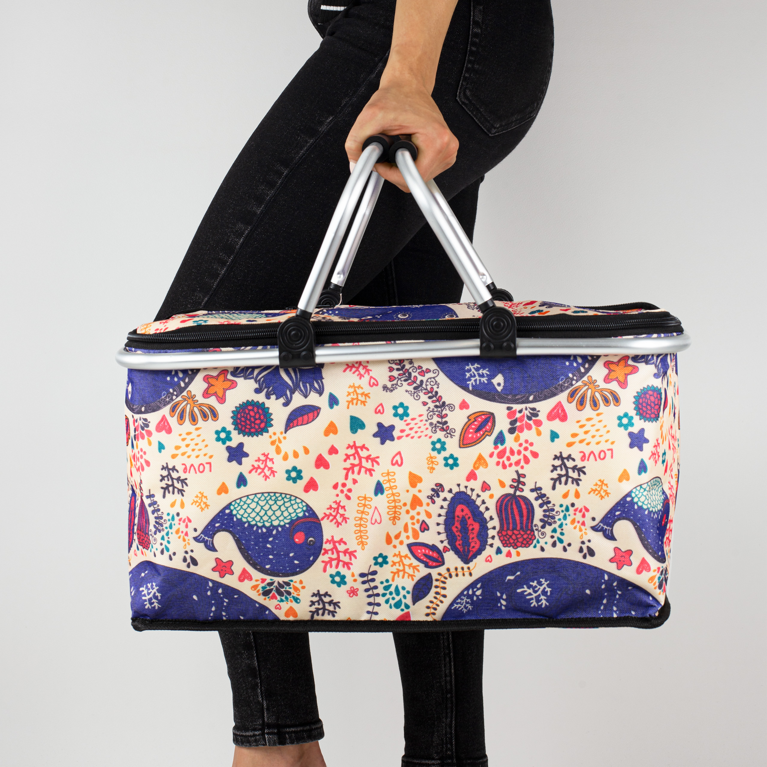 Kosz termiczny na zakupy piknikowy duży 30 litrów fioletowe kwiaty