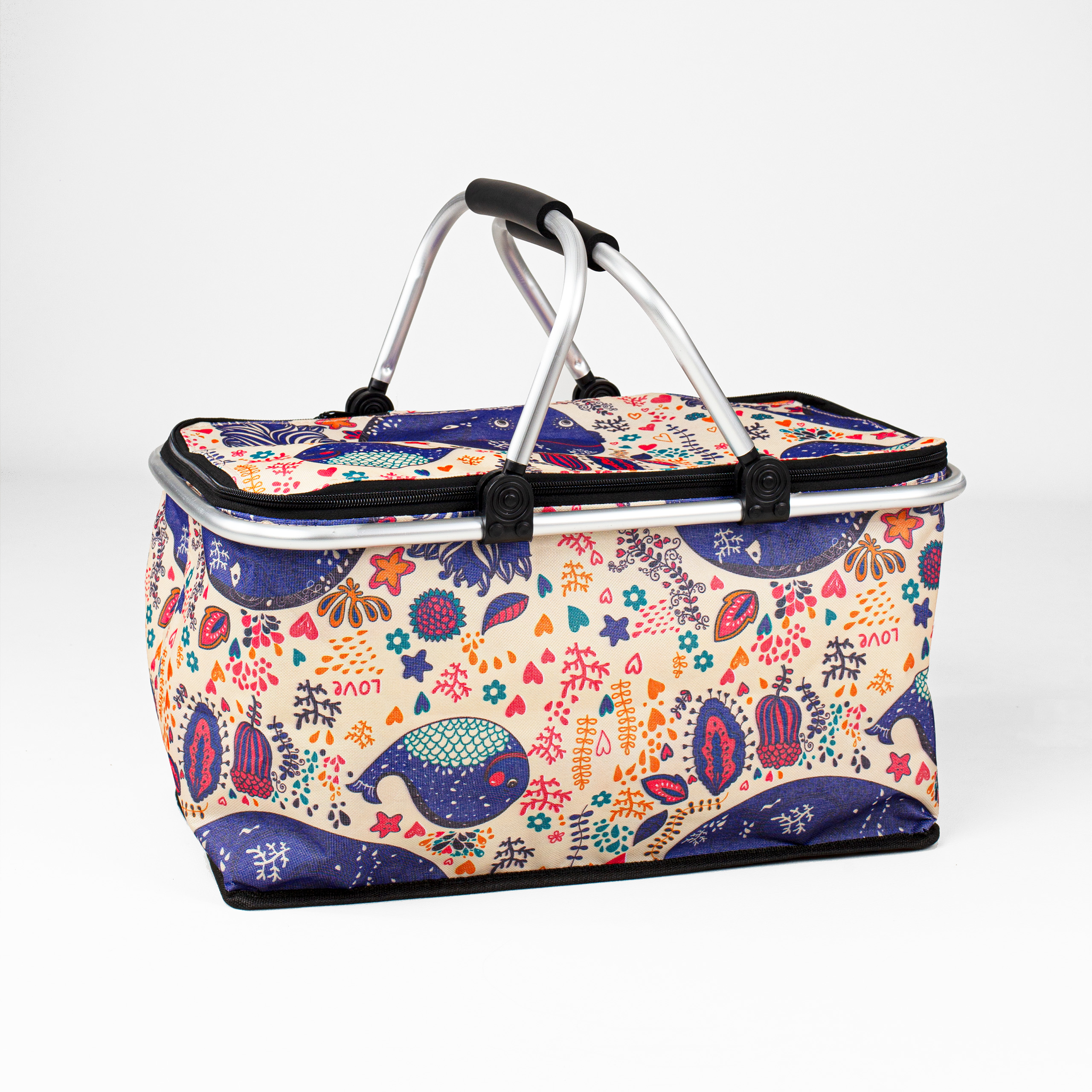 Kosz termiczny na zakupy piknikowy duży 30 litrów fioletowe kwiaty