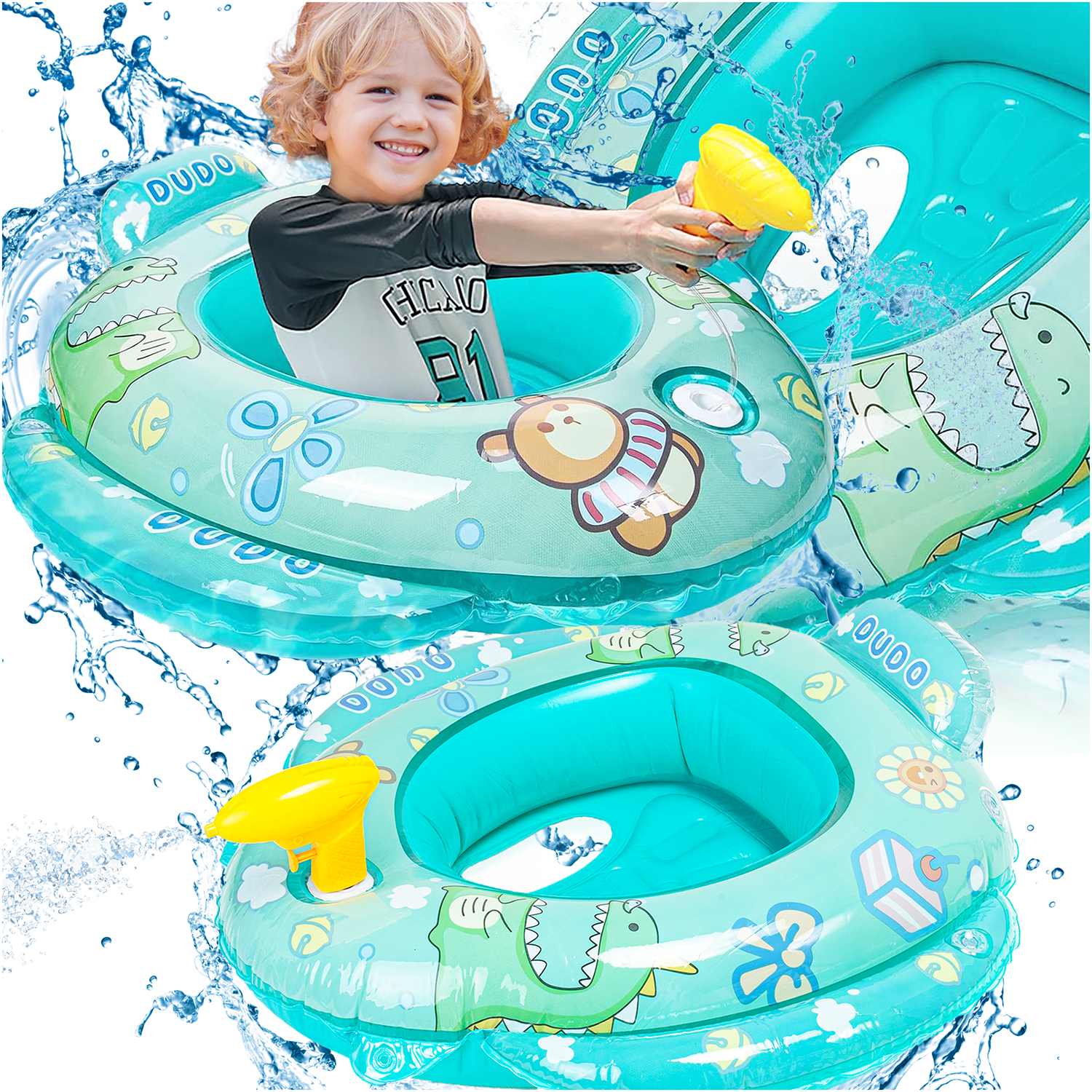 Dmuchany pontonik z siedziskiem zielone koło z pistoletem do pływania dla dzieci nad wodę