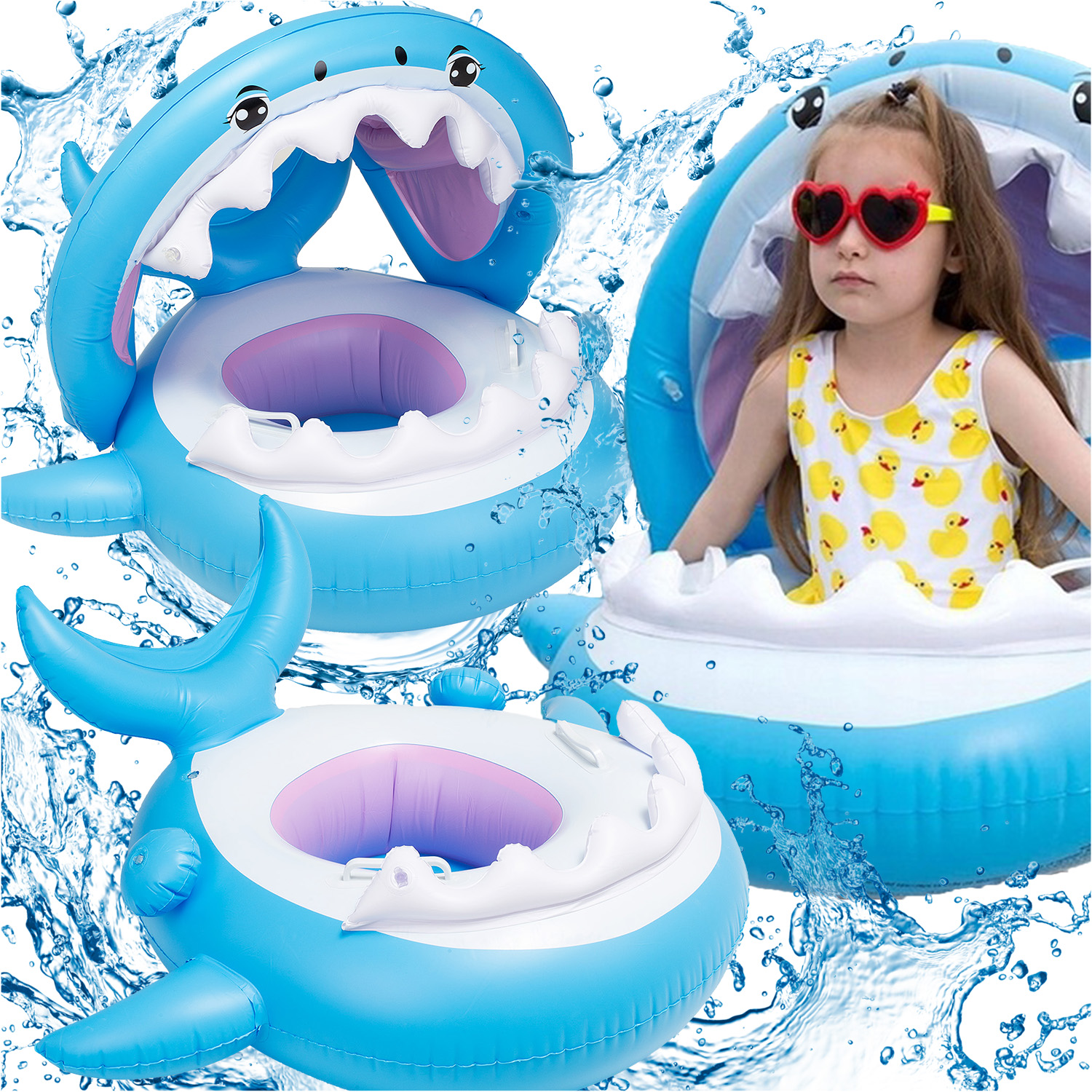 Dmuchany pontonik z daszkiem dla dzieci materac koło do wody rekin