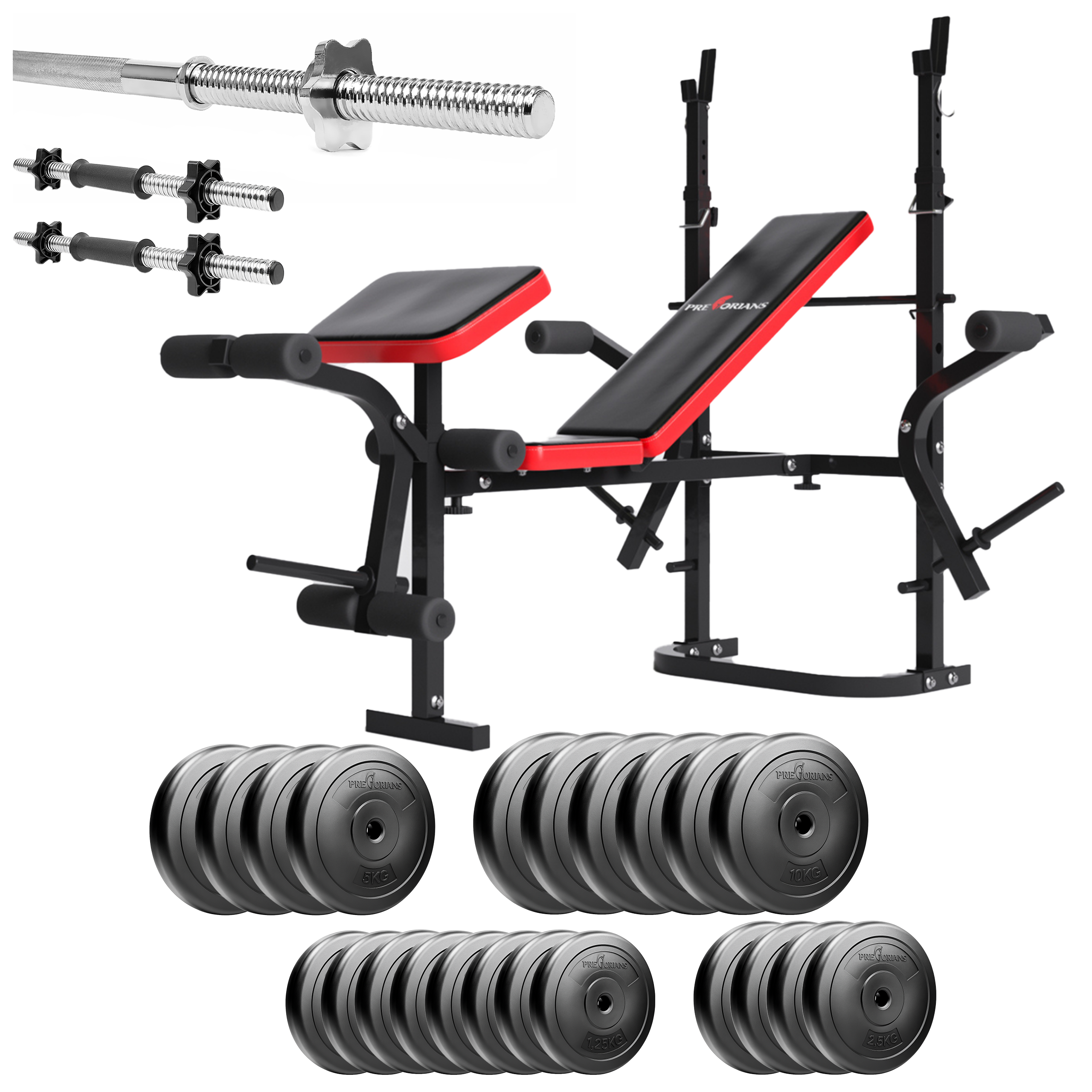 Zestaw do ćwiczeń 132kg z ławką treningową PH 2132 sztangą / gryfem prostym 180 cm, obciążeniem 100 kg i hantlami