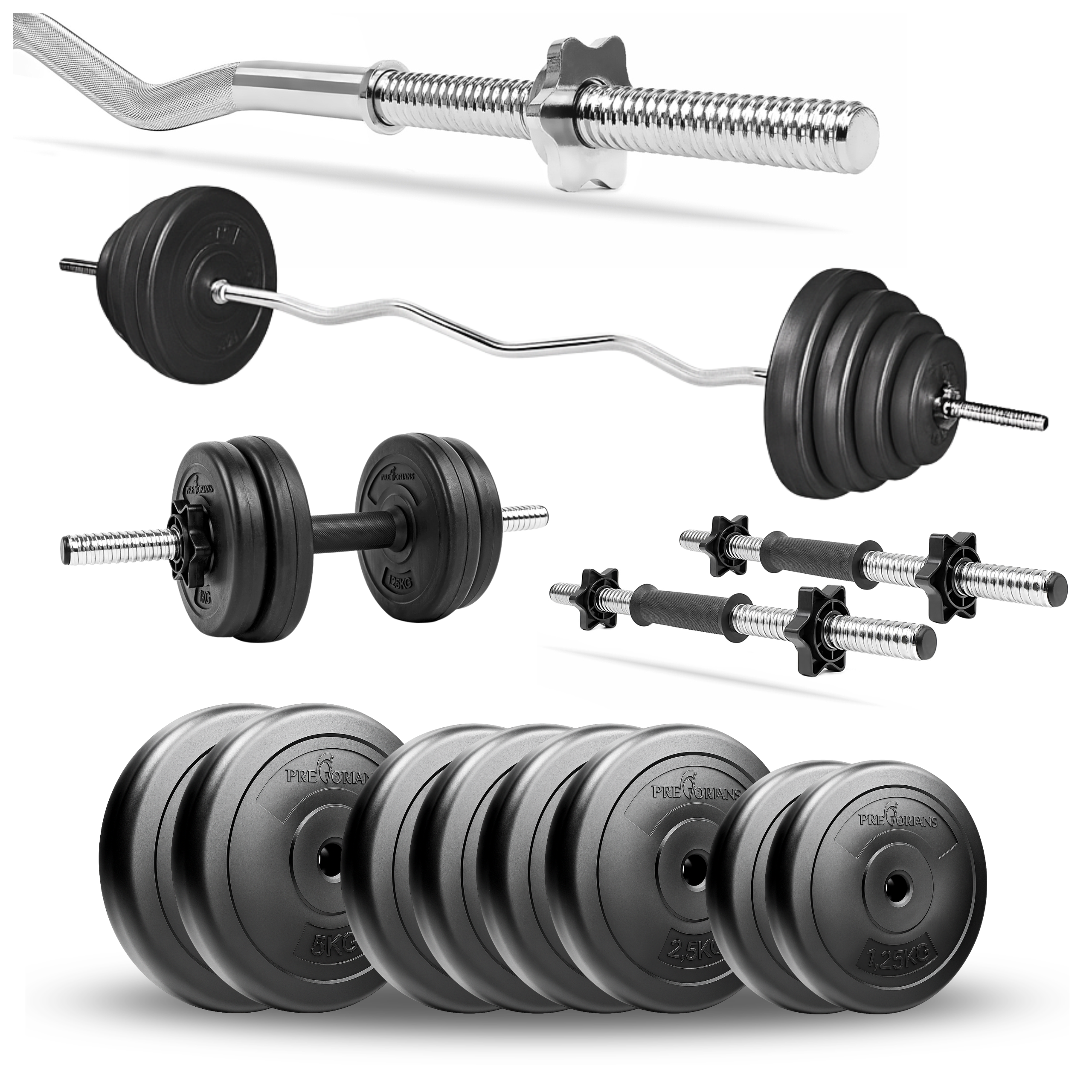 Zestaw do ćwiczeń 29kg - z gryfem łamanym 120 cm, nakładem obciążeń i hantlami