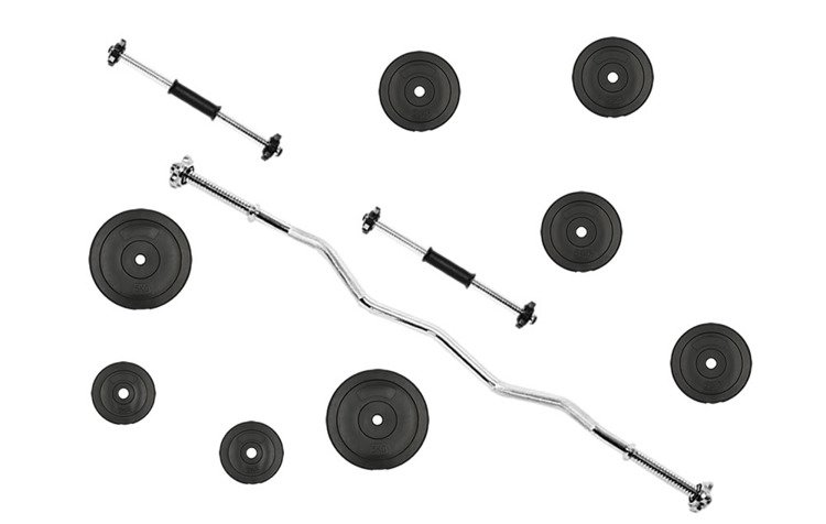 Zestaw do ćwiczeń 29kg - z gryfem łamanym 120 cm, nakładem obciążeń i hantlami