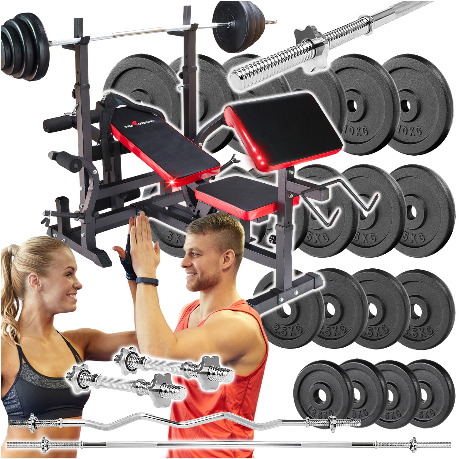 Zestaw do ćwiczeń ŻELIWNY 160kg z ławką treningową PH 20C - ławka, sztanga, gryf łamany, obciążenia żeliwne , hantle