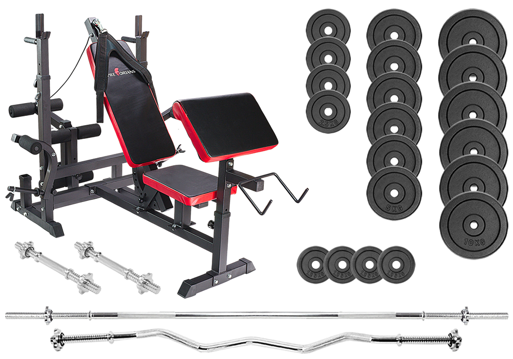 Zestaw do ćwiczeń ŻELIWNY 160kg z ławką treningową PH 20C - ławka, sztanga, gryf łamany, obciążenia żeliwne , hantle