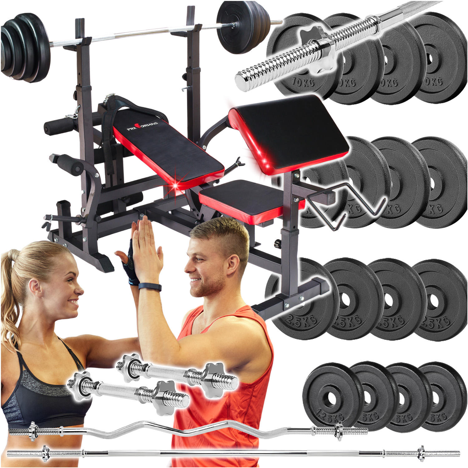 Zestaw do ćwiczeń ŻELIWNY 130kg z ławką treningową PH 20C - ławka, sztanga, gryf łamany, obciążenia żeliwne, hantle