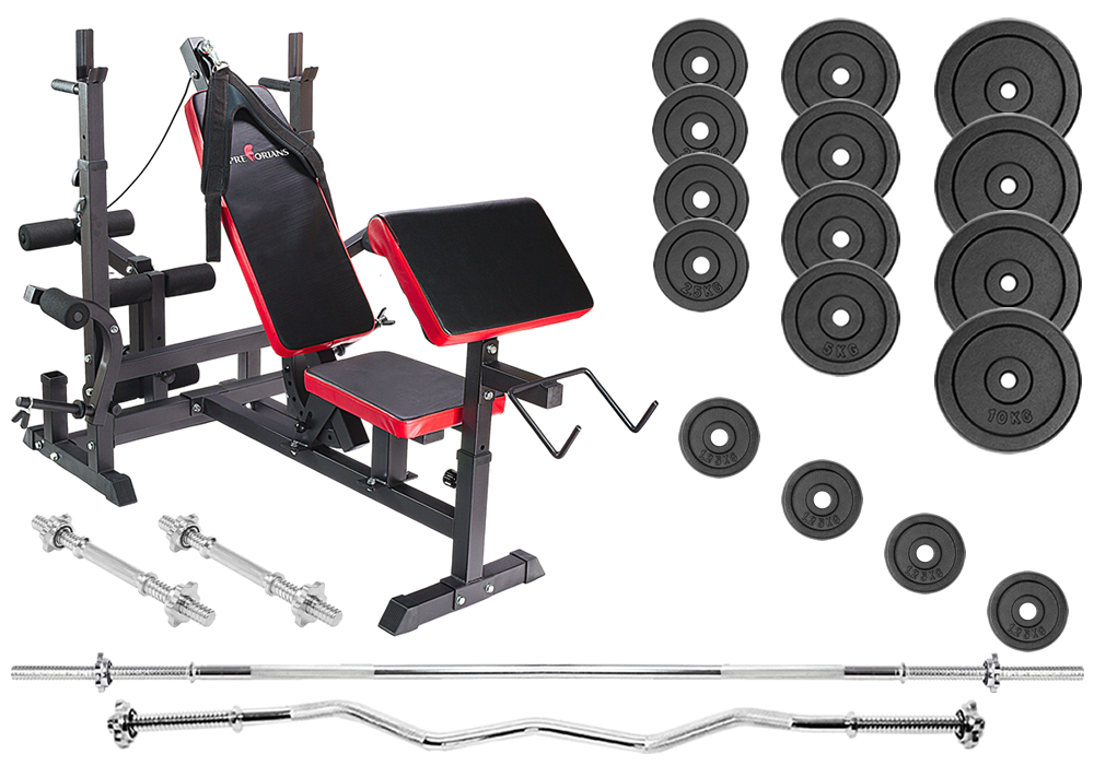 Zestaw do ćwiczeń ŻELIWNY 130kg z ławką treningową PH 20C - ławka, sztanga, gryf łamany, obciążenia żeliwne, hantle